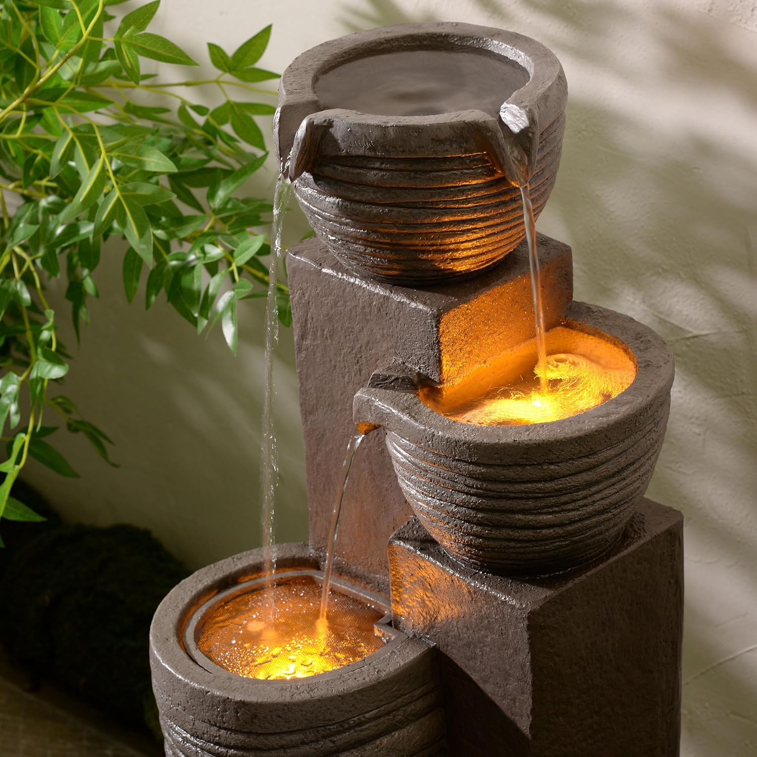 Teamson Home Horizontal Ribbed Pattern Outdoor Water Fountain–Warm Glow Lighting with Adjustable Flow & Electric Pump, Warm Gray
