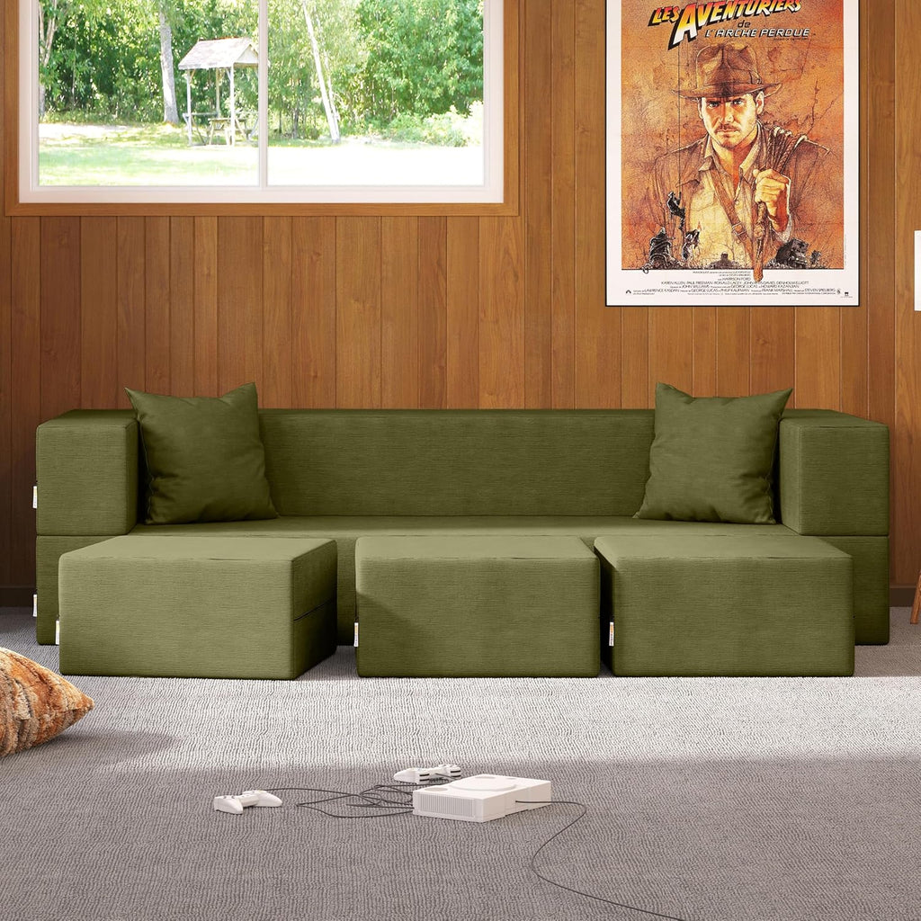 Jaxx Zipline Convertible Sleeper Sofa & Three Ottomans/California King-Size Bed, Moss