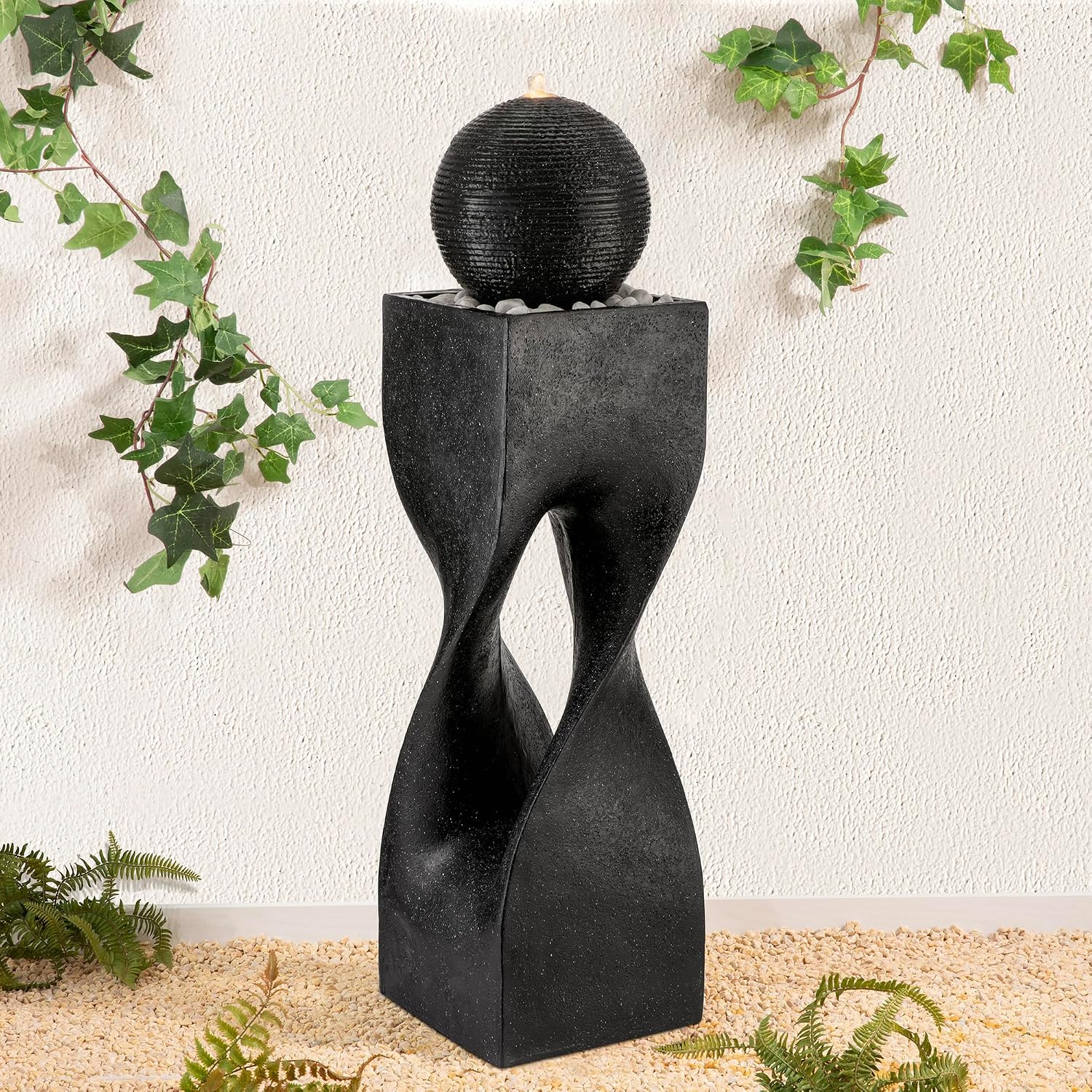 Glitzhome Water Fountain Outdoor, Outdoor Fountain with Lights, 40.5' H Modern Large Geometric Pedestal and Sphere Polyresin Outdoor Water Feature with Pump for Garden, Patio, Backyard, Porch (Black)