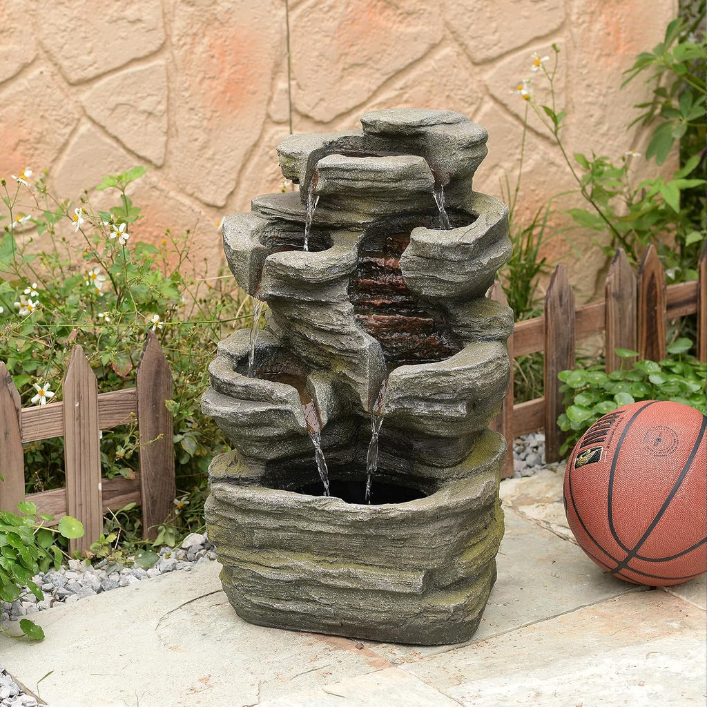 24.2' H Rock Cascading Water Fountain Outdoor&Indoor, 6-Tier Garden Naturefalls Fountains, Floor-Standing Waterfall with Lights for Patio, Backyard, Deck, Porch, Home DéCor, Stone Gray