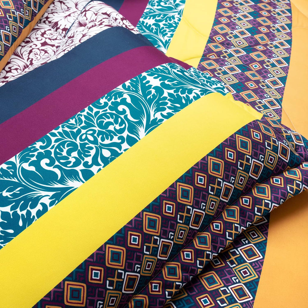 Lush Decor Boho Stripe Oversized Reversible 7 Piece Comforter Set, Full/Queen, Plum & Yellow
