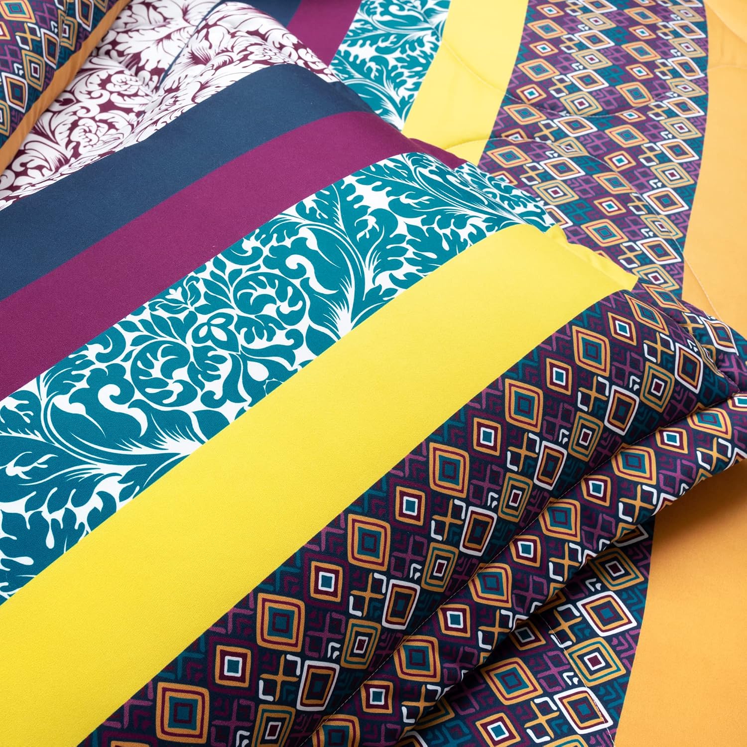 Lush Decor Boho Stripe Oversized Reversible 7 Piece Comforter Set, Full/Queen, Plum & Yellow