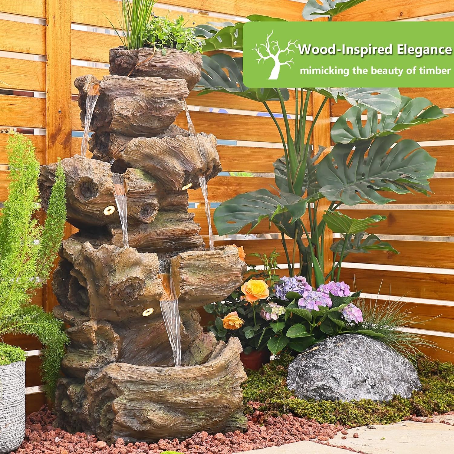 40.5' H Outdoor Garden Water Fountain 5 Tiers Large Cascading Rock Natural Waterfall Outdoor Fountain Resin Imitation Wood with LED Lights for Garden, Patio, Porch