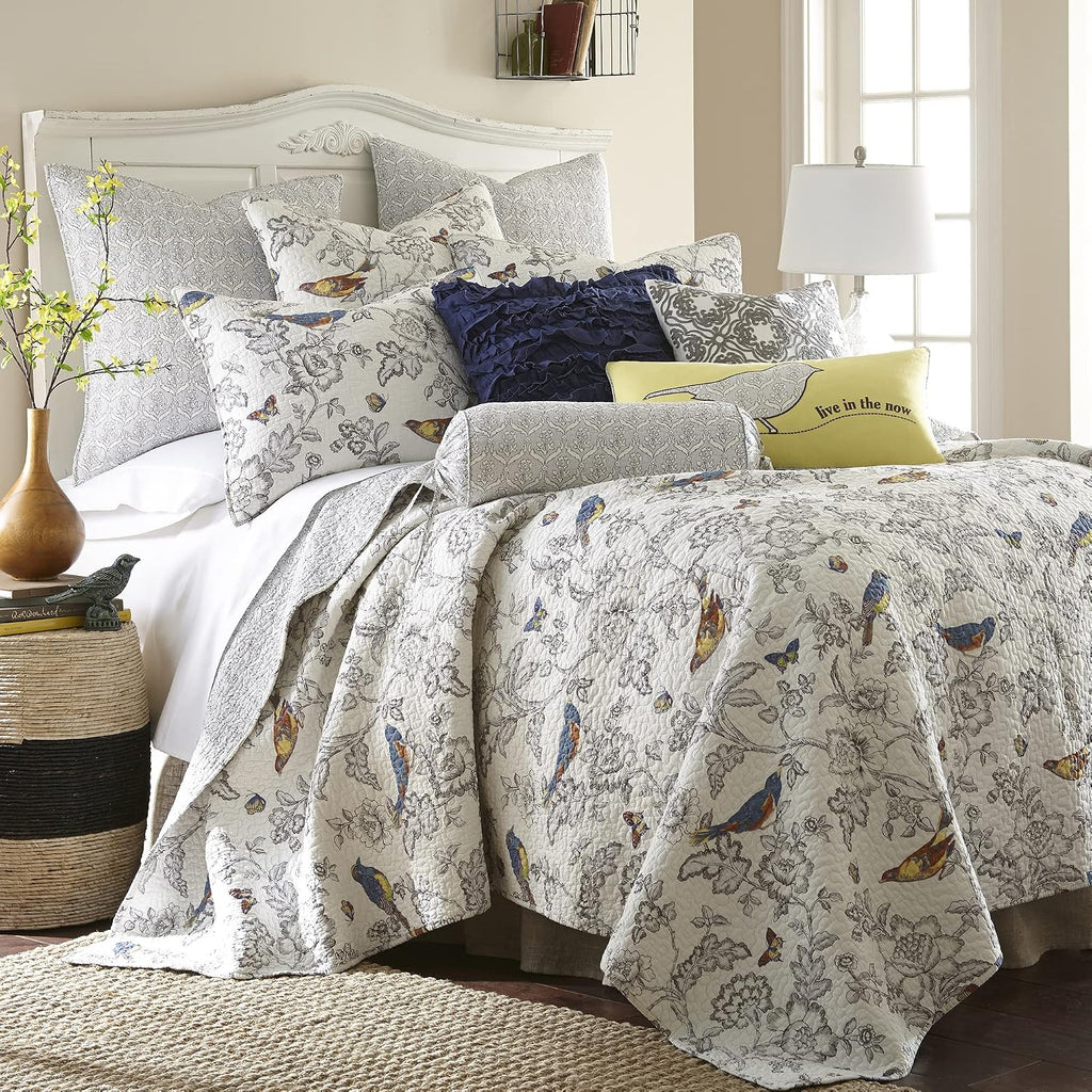 Levtex Home - Mockingbird Quilt Set - King/Cal King Quilt 106x92in. + Two King Pillow Shams 36x20in. - Grey Toile with Birds and Butterflies - Reversible Pattern - Cotton