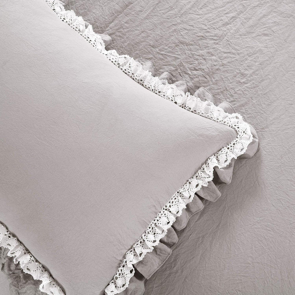 Lush Decor Ella Ruffle Lace Comforter, 3 Piece Set, King, Light Gray - Cute Comforter - King Bedding Set - Gray Bedding - Coquette Decor - Ruffle Trim - Lace Trim