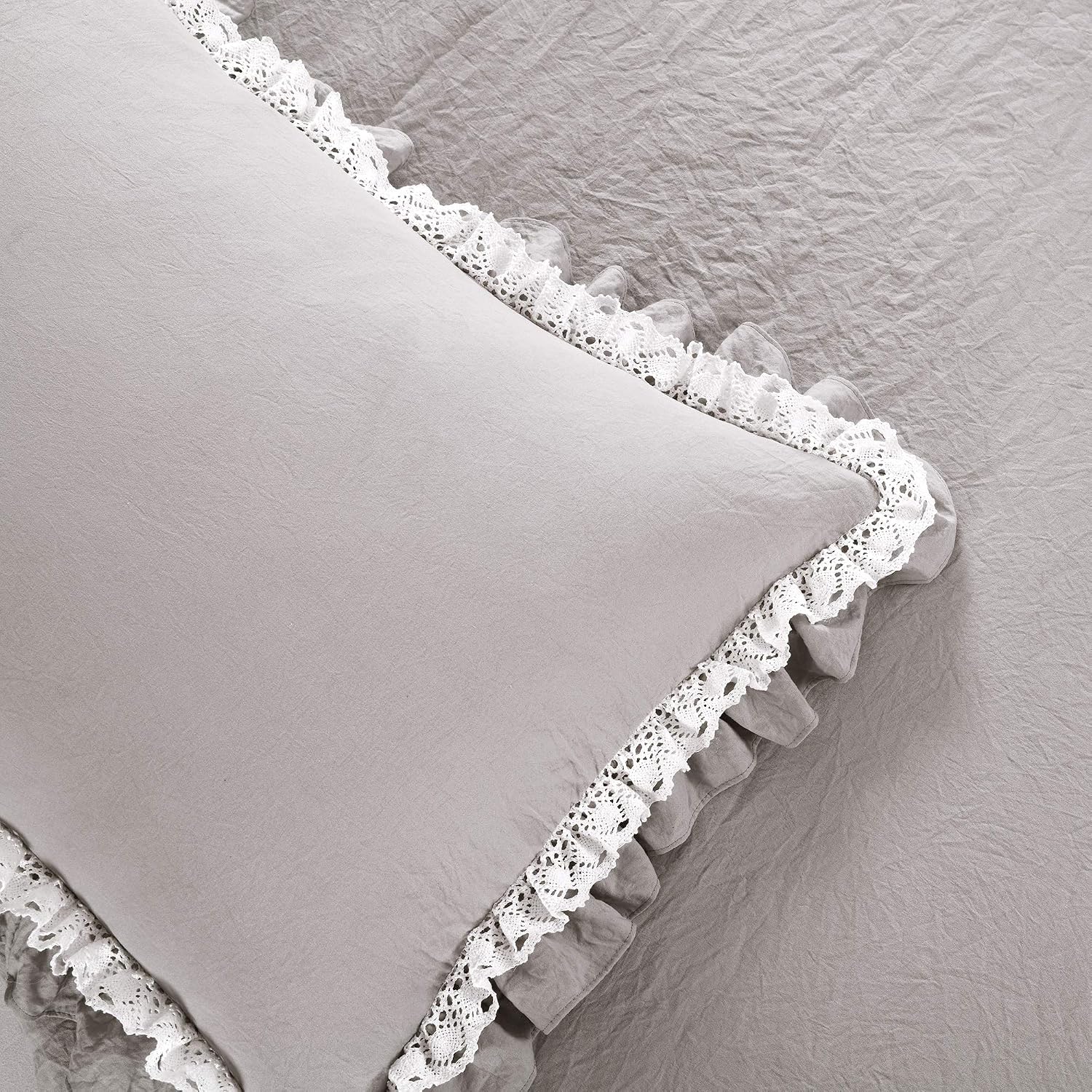 Lush Decor Ella Ruffle Lace Comforter, 3 Piece Set, King, Light Gray - Cute Comforter - King Bedding Set - Gray Bedding - Coquette Decor - Ruffle Trim - Lace Trim