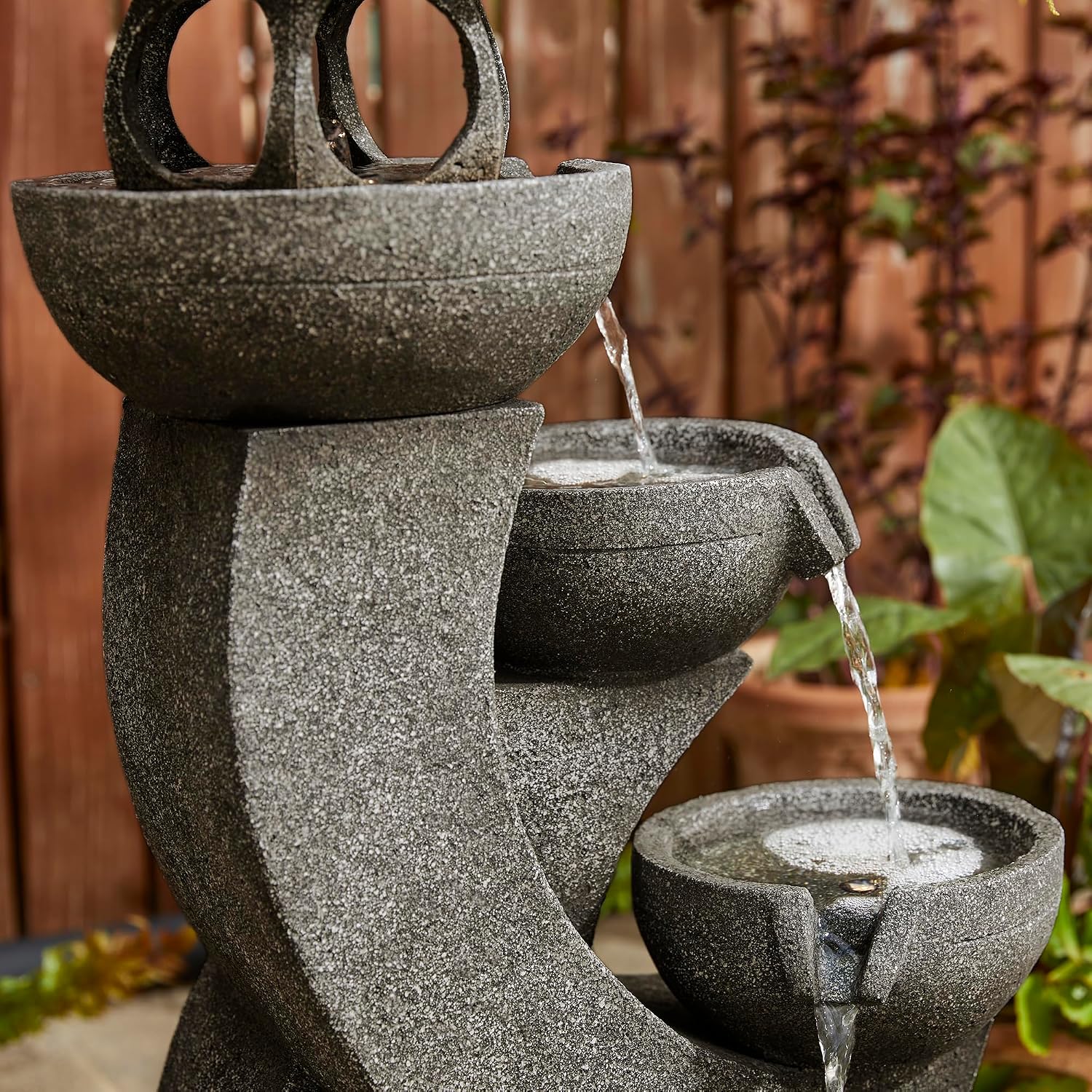 Glitzhome Pagoda Outdoor Water Fountain with LED Light, 4-Tier Oversized Cascading Stacked Stone Waterfall Fountains, Natural Stone Look Outdoor Fountain for Garden Patio Porch, 32'H