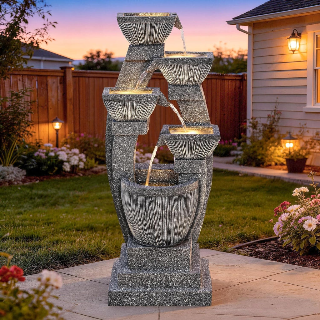 40.5' Outdoor Fountain, Four-Column & Bowls Water Feature with LED Lights, Modern Resin Soothing Cascading Waterfall for Patio, Backyard, Garden or Porch