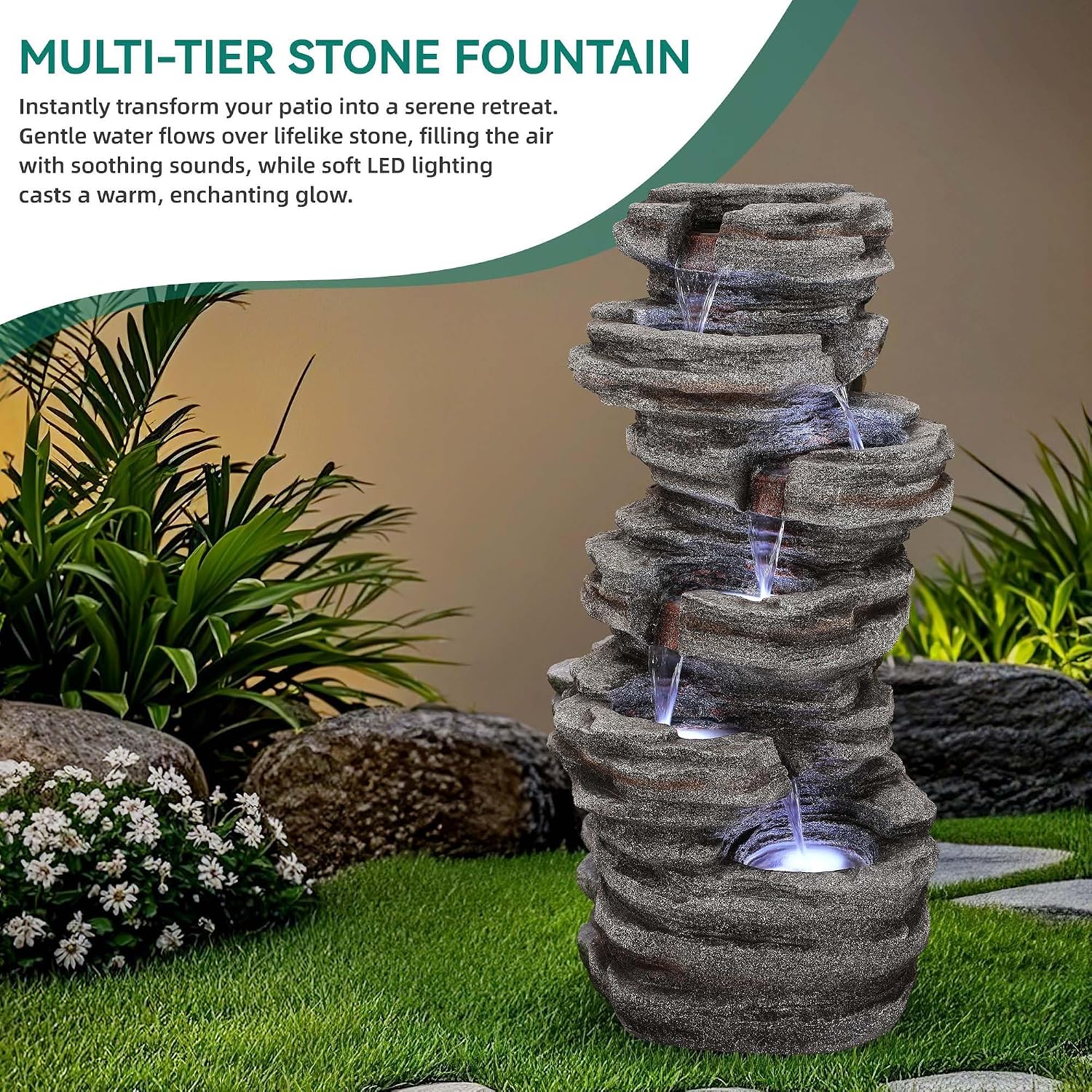 6-Tier Rock Outdoor Water Fountain, 40in Tall Oversized Fountains for Outside, Relaxing Cascading Waterfall for Tranquil Outdoor Garden Patio Garden Backyard Oasis