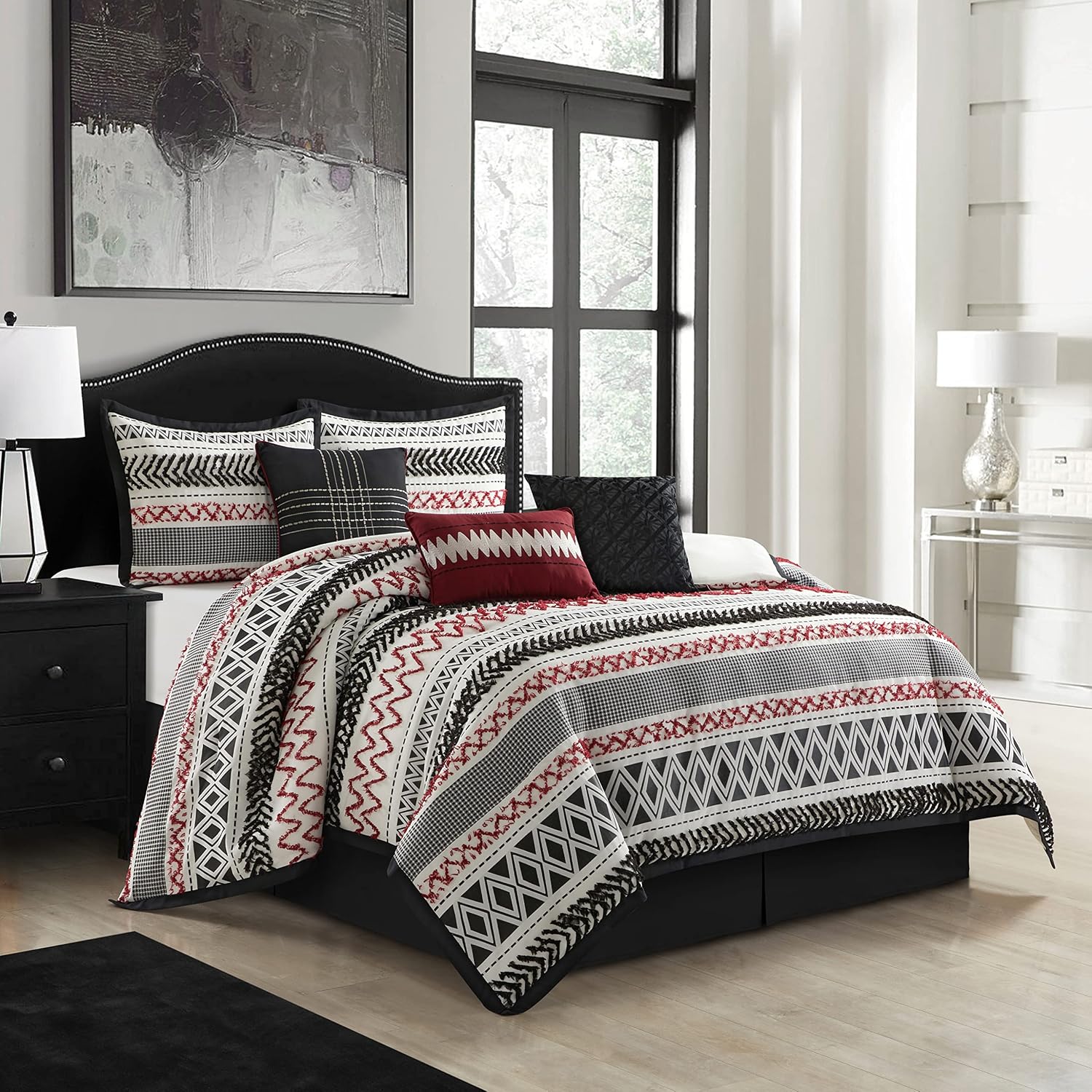 Startford Park Striped Comforter Set, 7 Piece,Black & Red, Bed Size Queen,Jacquard & Clip Geometric All Season Premium Bedding Set