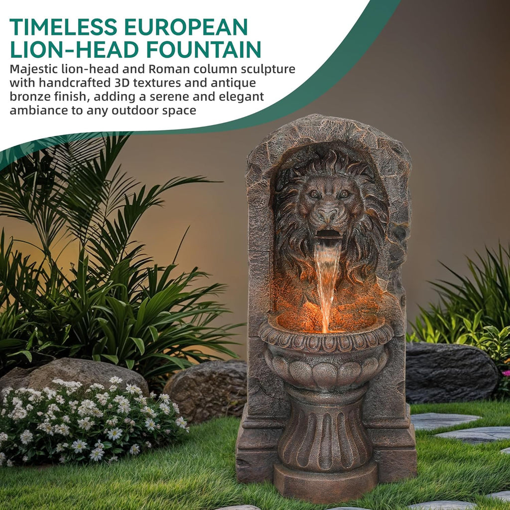 30' Majestic Lion Head Outdoor Water Fountain, Rustic Stone Pedestal Cascading Water Feature with Warm LED Lights, Tranquil Oasis for Outside Garden Patio Yard Decor