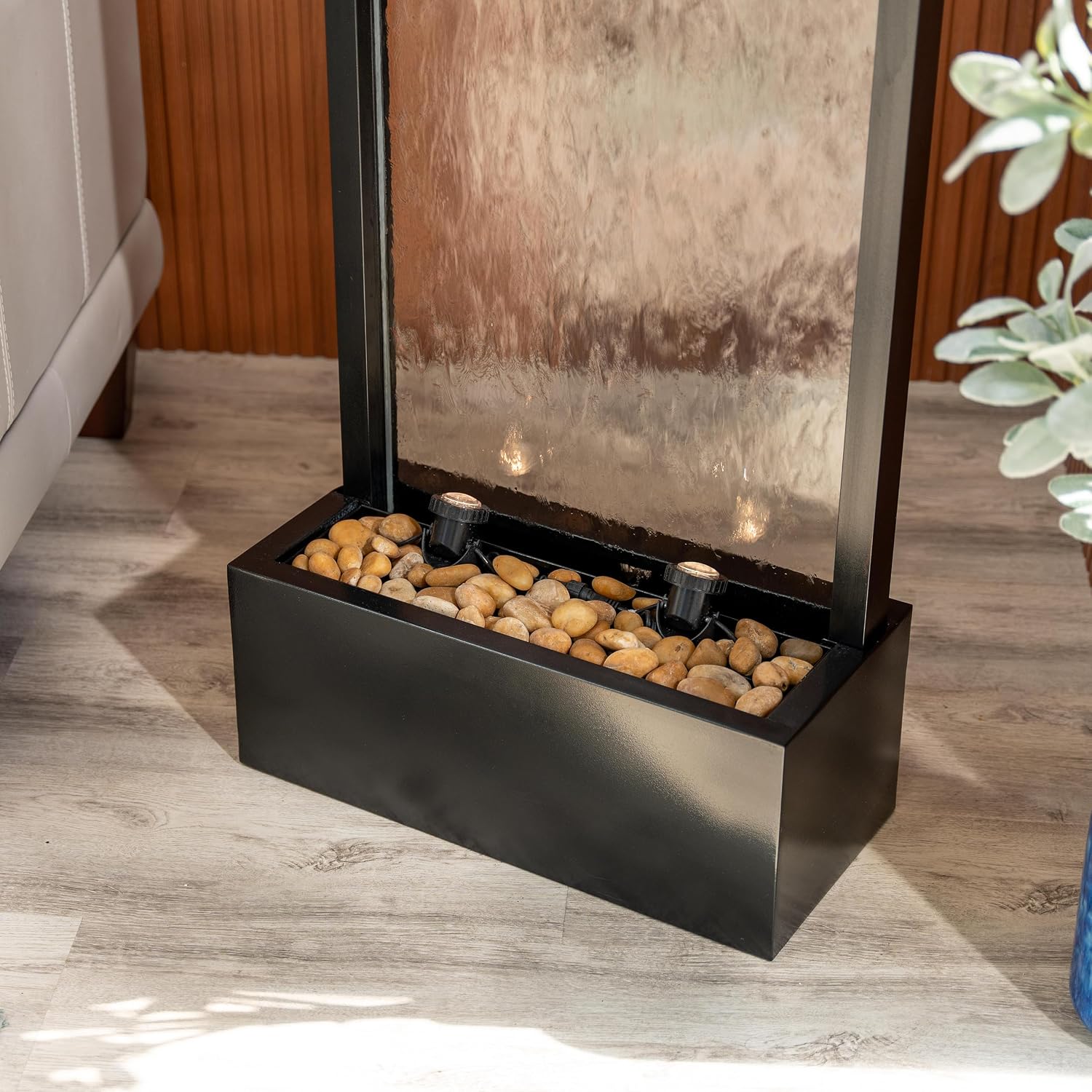XBrand 68' H Freestanding Modern Waterfall Fountain, Aluminum & Clear Glass, LED Lights, Decorative Rocks, Auto Shut-Off Pump, Indoor/Outdoor, Black