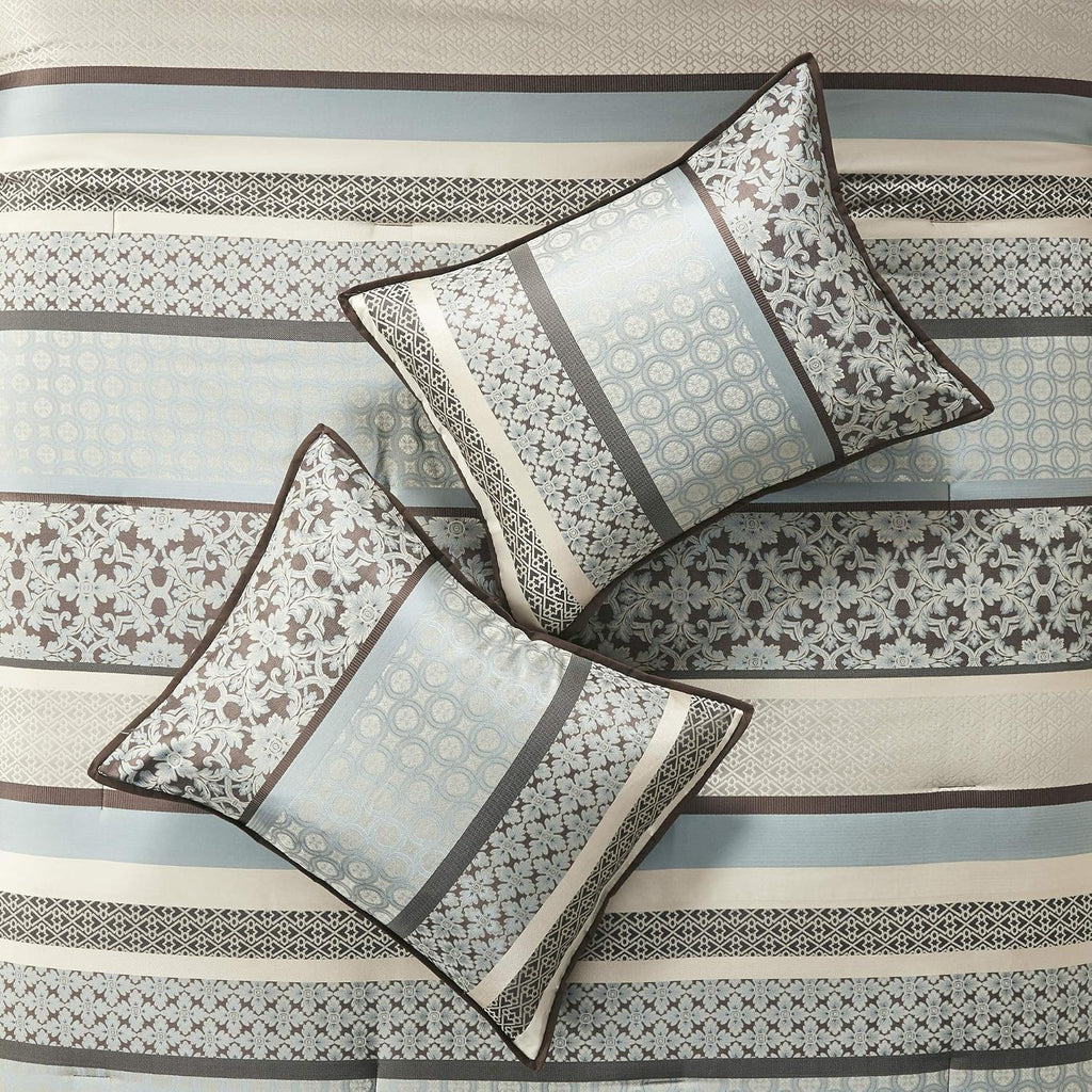 Madison Park Princeton Cozy Comforter Set - Luxurious Jaquard Traditional Damask Design, All Season Down Alternative Bedding with Matching Shams, Decorative Pillow, Cal King(104'x92'), Blue 7 Piece