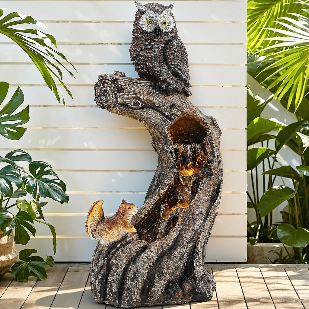 32' H Resin Owl Tree Trunk Fountain Outdoor, Forest Style 4-Tiers Water Feature Outdoor with Lights, Soothing Cascading Waterfall for Patio, Backyard, Garden or Porch