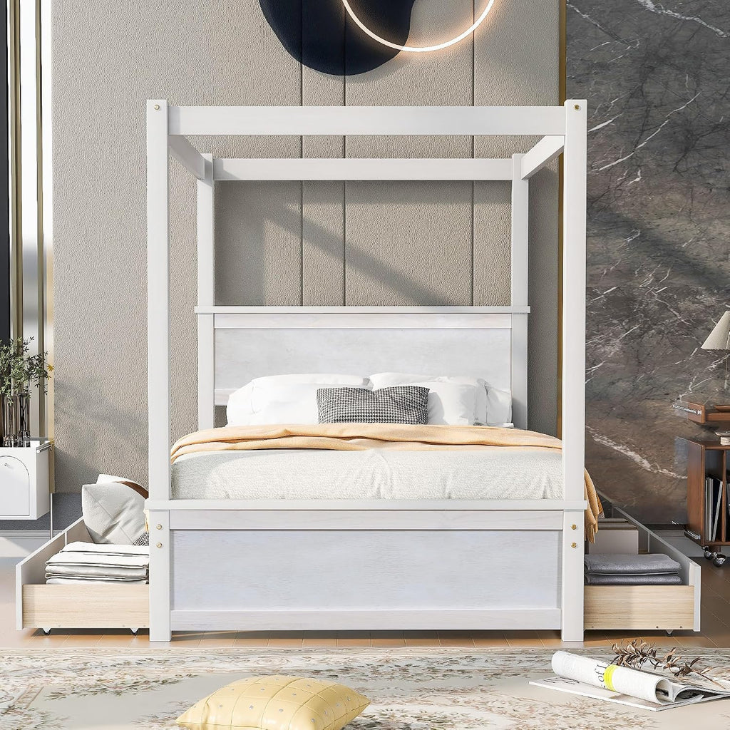 Harper & Bright Designs Wood Canopy Bed with Four Drawers,Full Size Canopy Platform Bed with Support Slats .No Box Spring Needed, Brushed White