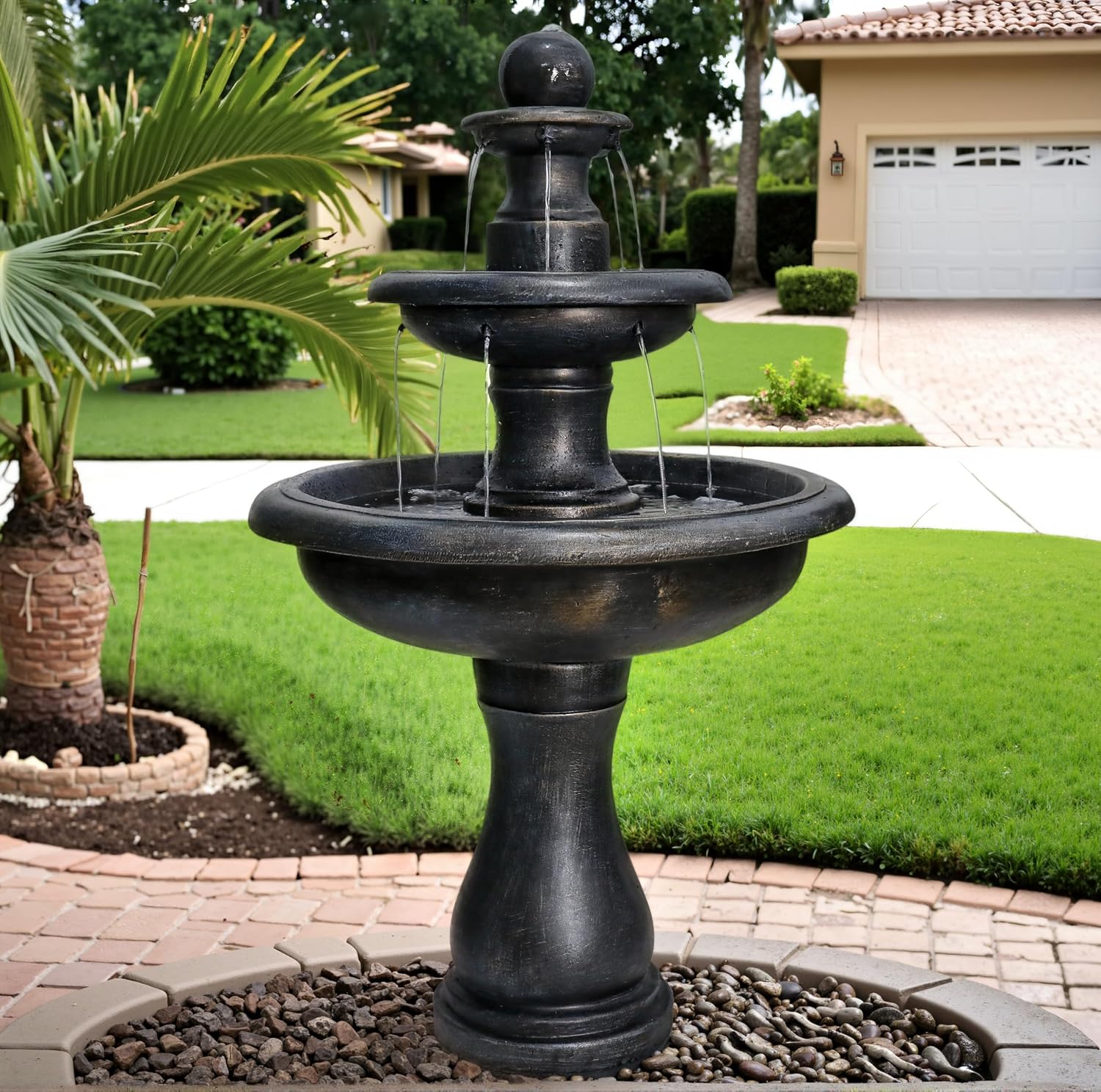 SunJet 45.2' High 3-Tiers Modern Concrete Outdoor Water Fountain - Round Large Outdoor Fountains and Waterfalls for Garden, Patio, Yard, and Deck Decor, Featuring Natural Stone Look (Black, 45.2inch)