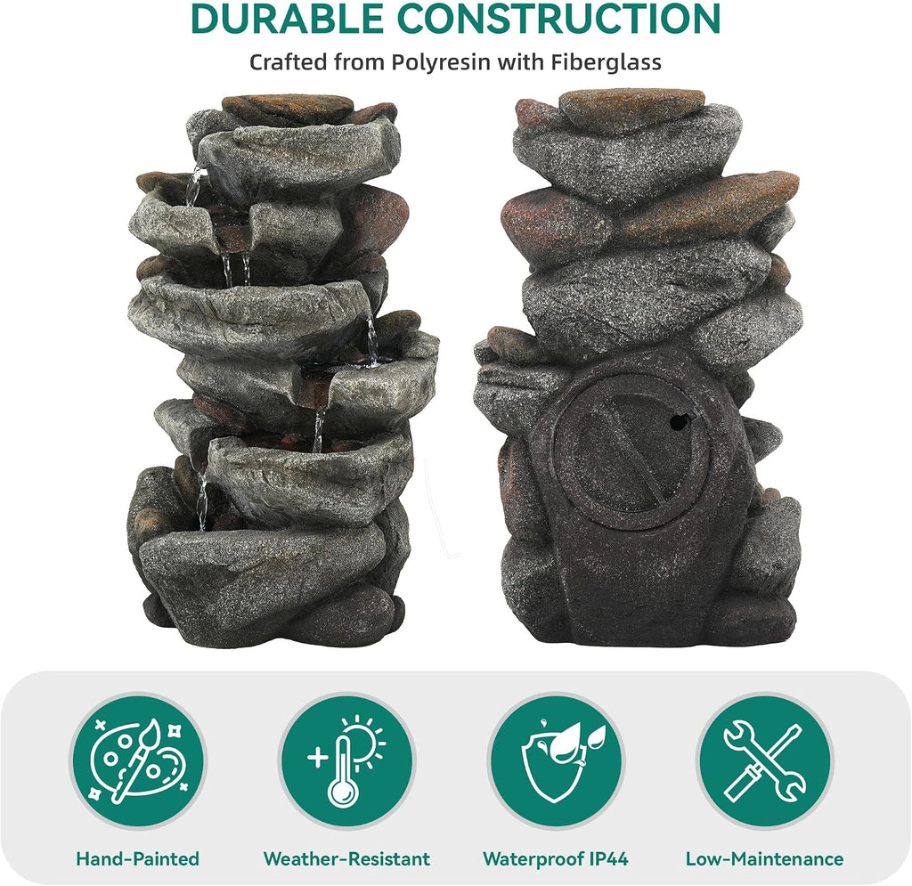 20' H Outdoor Water Fountain with LED Lights, 5-Tier Rock Outdoor Fountain with Pump,Polyresin Cascading Freestanding Waterfall Feature for Tranquil Garden, Patio or Porch