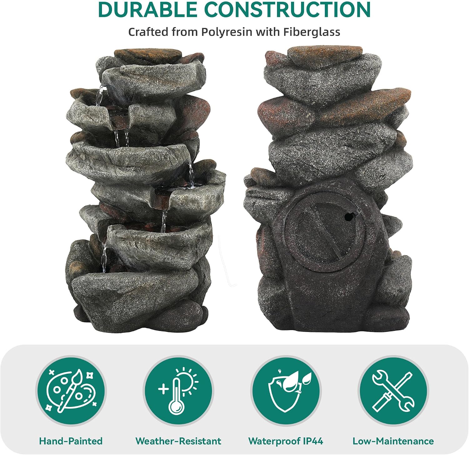 20' H Outdoor Water Fountain with LED Lights, 5-Tier Rock Outdoor Fountain with Pump,Polyresin Cascading Freestanding Waterfall Feature for Tranquil Garden, Patio or Porch