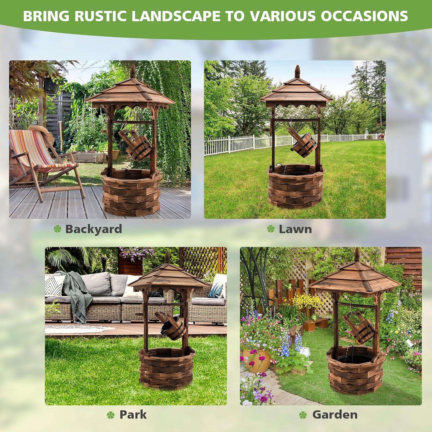 Tangkula Outdoor Wishing Well Water Fountain, Old-Fashioned Wood Waterfall Fountain w/Bucket Pump, Rustic Farmhouse Decoration for Garden, Backyard, 46 Inch Tall (22.5' x 22.5' x 48.5')