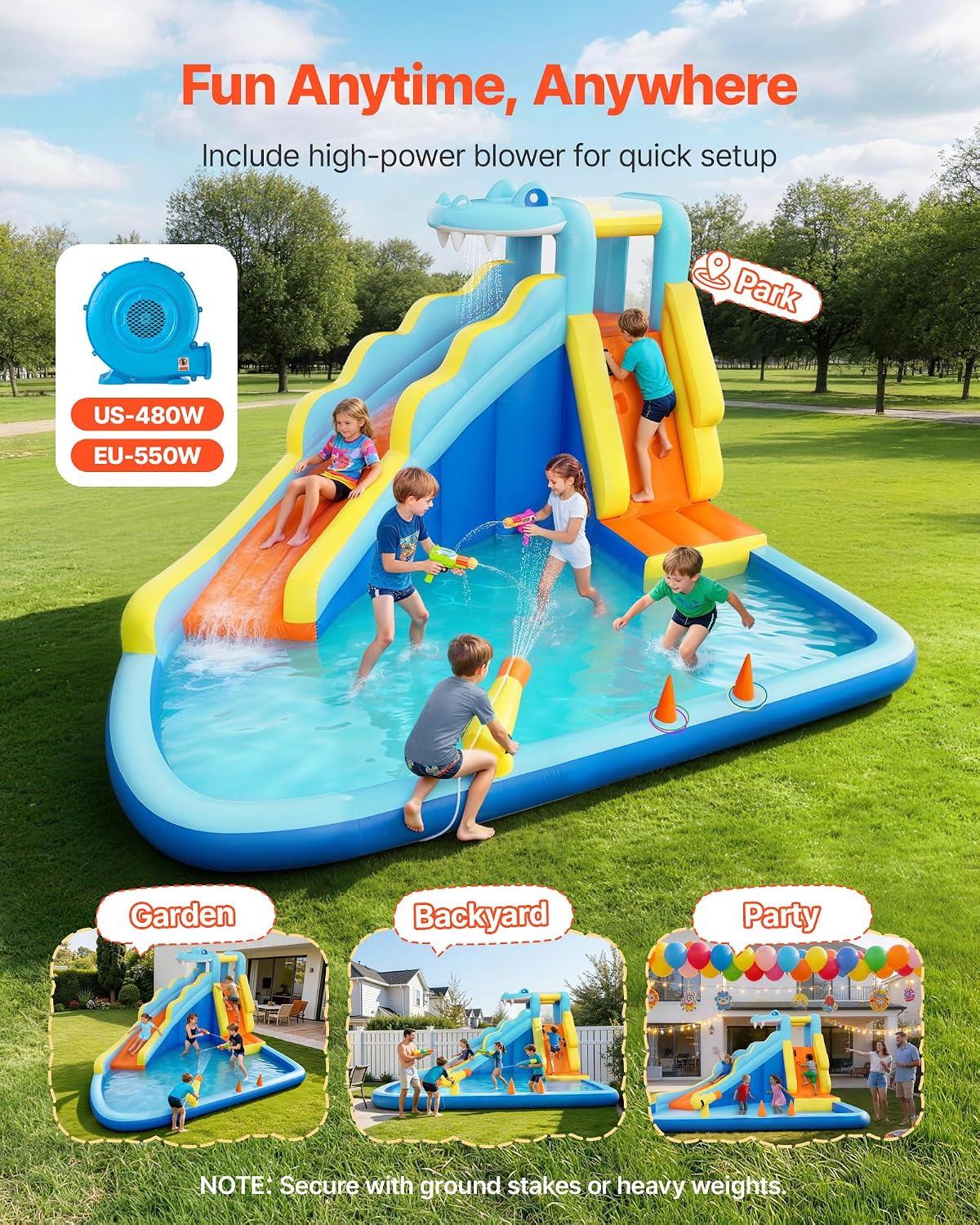 VEVOR Inflatable Crocodile Bounce House with Blower, 6-in-1 Kids Water Park with Slide, Splash Pool, Water Cannon, Ring Toss & Climbing Wall, Backyard Bouncy Castle for Kids Party Gifts