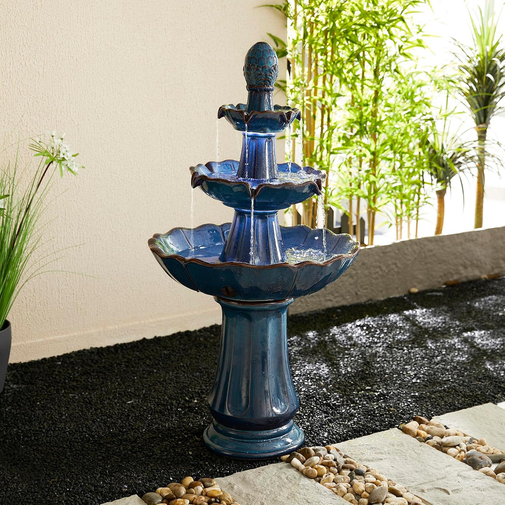 Glitzhome Outdoor 3 Tier Pedestal Fountain with LED Light & Pump - 45.25' H, Ceramic Turquoise Water Fountains Waterfall Large Floor-Standing Garden Fountain for Patio, Lawn, Backyard