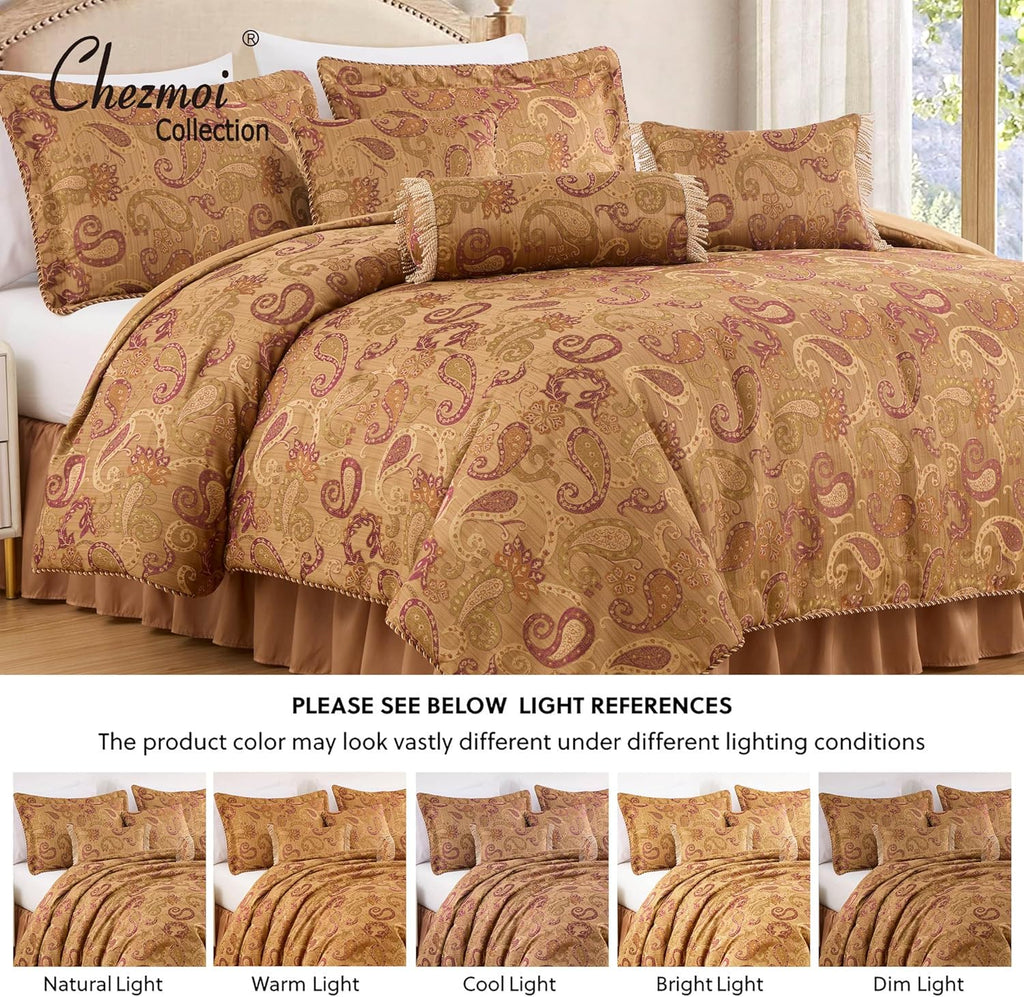 Chezmoi Collection Adelle 7-Piece Paisley Jacquard Embroidered Comforter Bedding Set, Oversized King Size