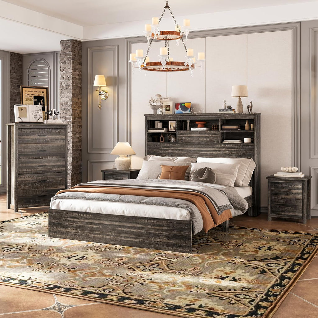 4-Piece Bedroom Furniture Sets, Wooden Queen Size Platform Bed Frame with Storage Headboard and Charging Station, 2 Nightstands with 2 Drawers, 1 Dresser with 5 Drawers (Antique Gray-01)