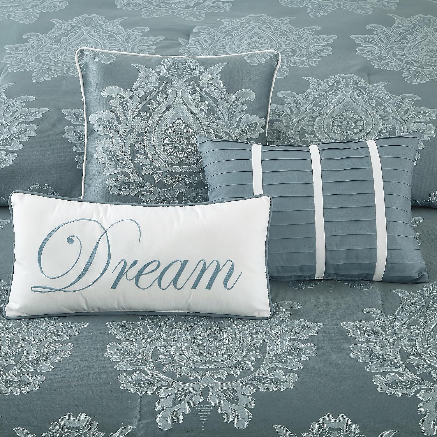 LANCO MODERN LIFESTYLE Blue Queen Comforter Set 7 Pieces, Jacquard Woven with Damask, Bedding Set in a Bag Includes Comforter, Bed Skirt, Pillow Shams, and Decorative Pillows