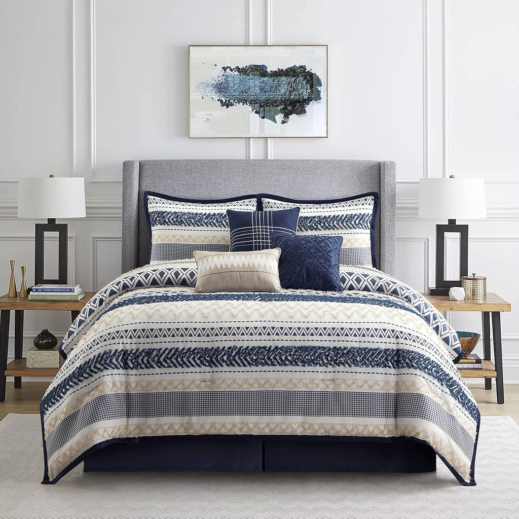 Startford Park Navy Striped Comforter Set, 7 Piece, Bed Size King, Jacquard & Clip Geometric All Season Premium Bedding Set
