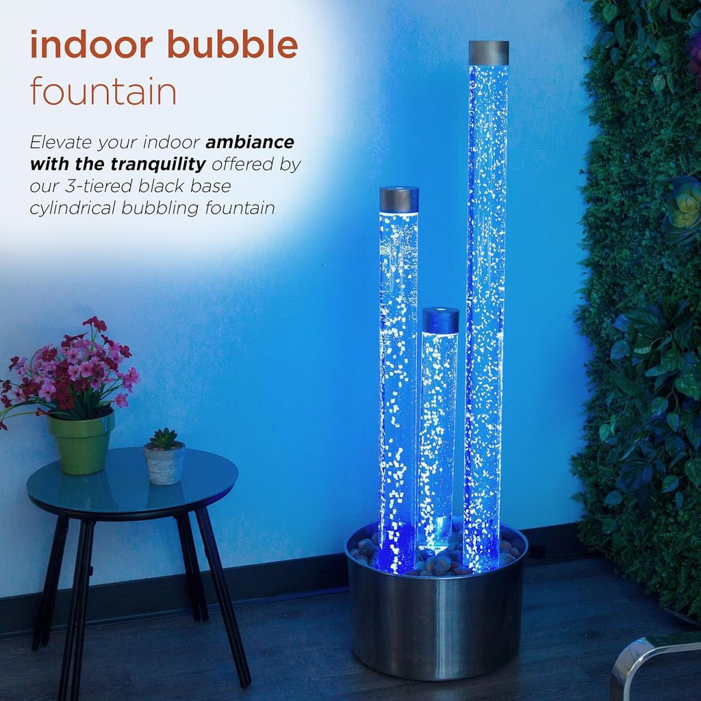 Alpine Corporation 54' Tall 3 Tier Indoor and Outdoor Water Acrylic Bubble Fountain for Home, Office, and Patio Decor, with Remote and 16 Color LED Lights, Silver Base