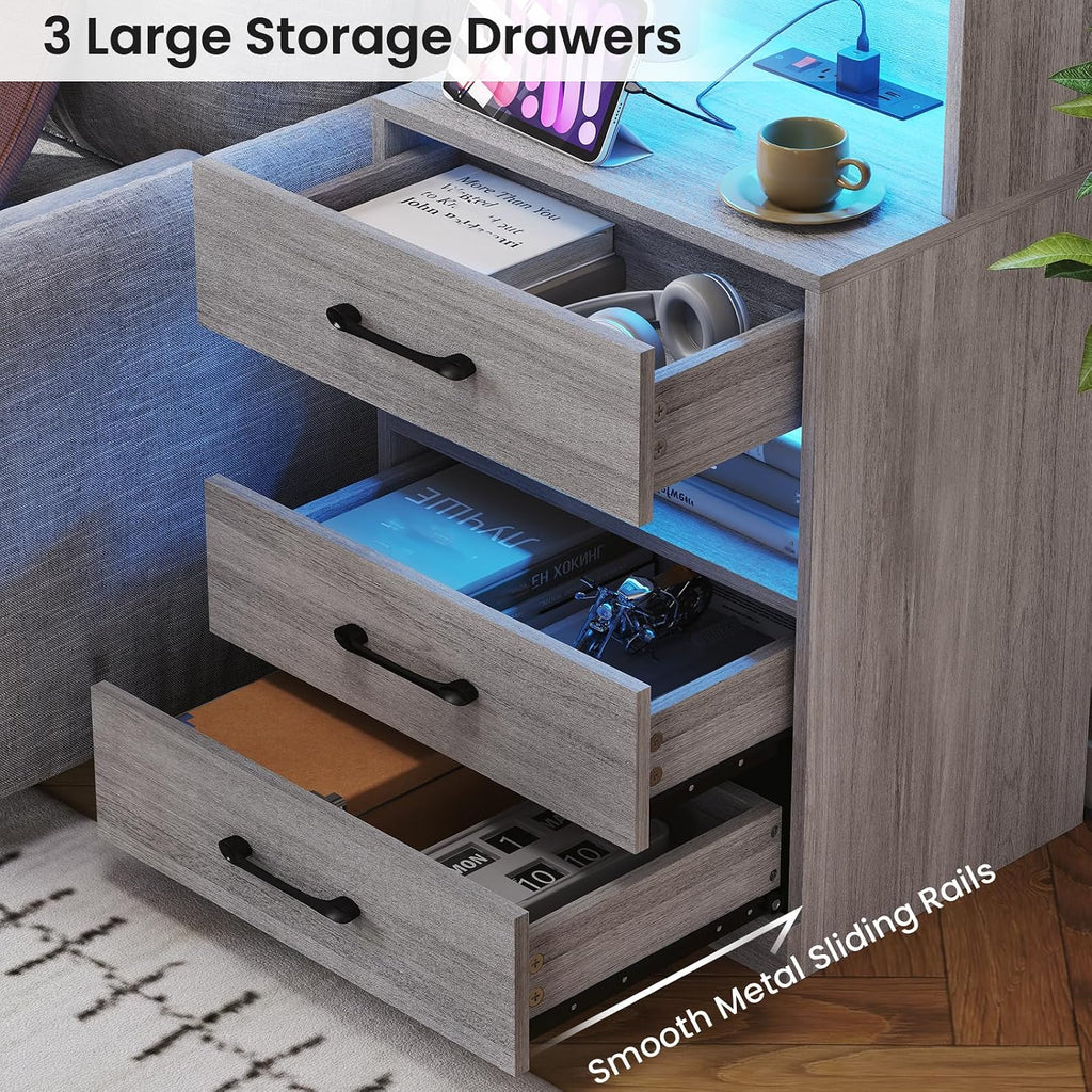VIAGDO Tall Nightstand Set of 2 with Charging Station and LED Lights, Grey Night Stand Set 2 with Bookshelf, Modern LED Bedside Tables with 3 Drawers and Storage Shelves, Side Tables for Bedrooms