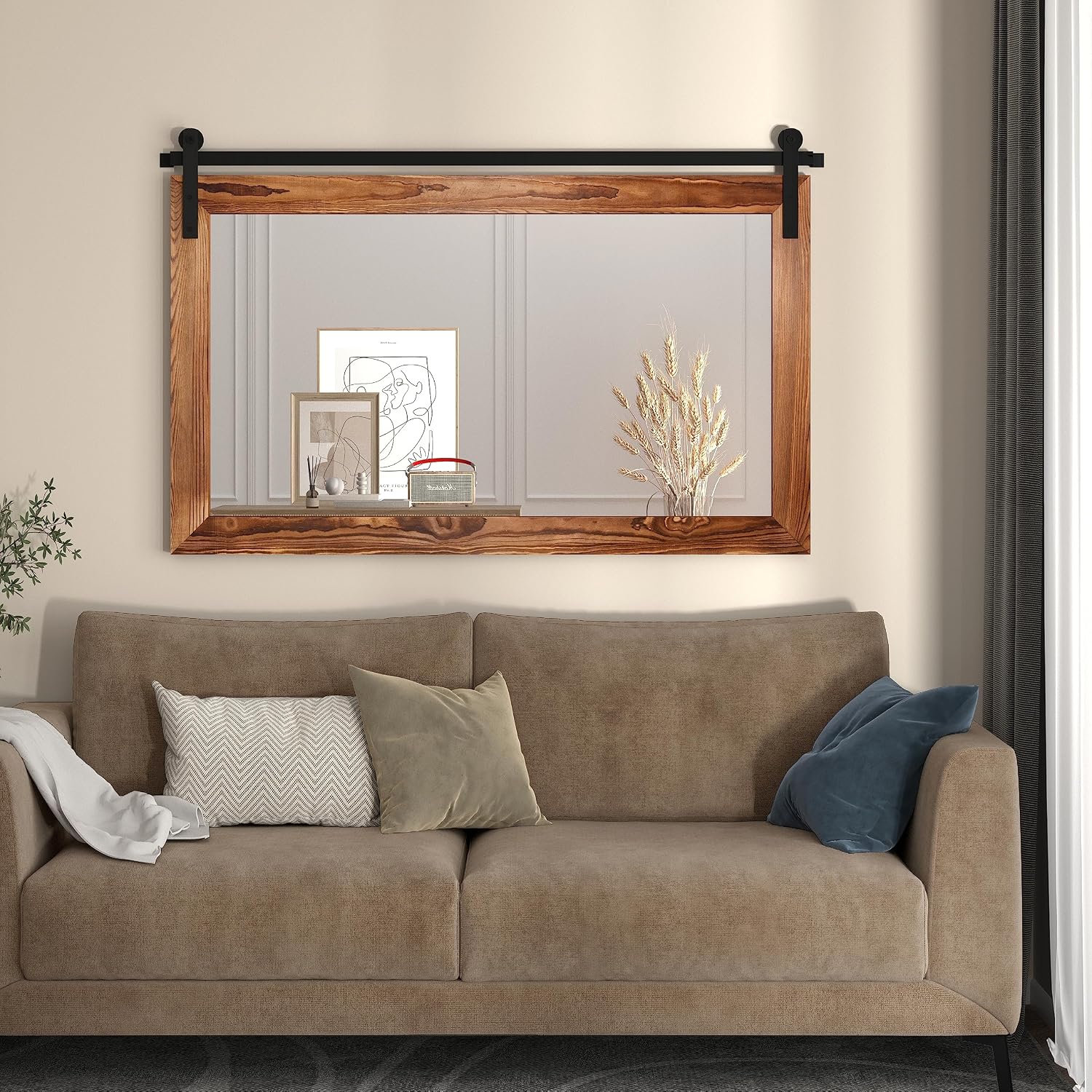COGOOD Farmhouse Bathroom Mirror - 41' x 30' Rustic Barn Door Mirror for Living Room, Entryway, Bedroom, Vanity Wall Decor (Brown)