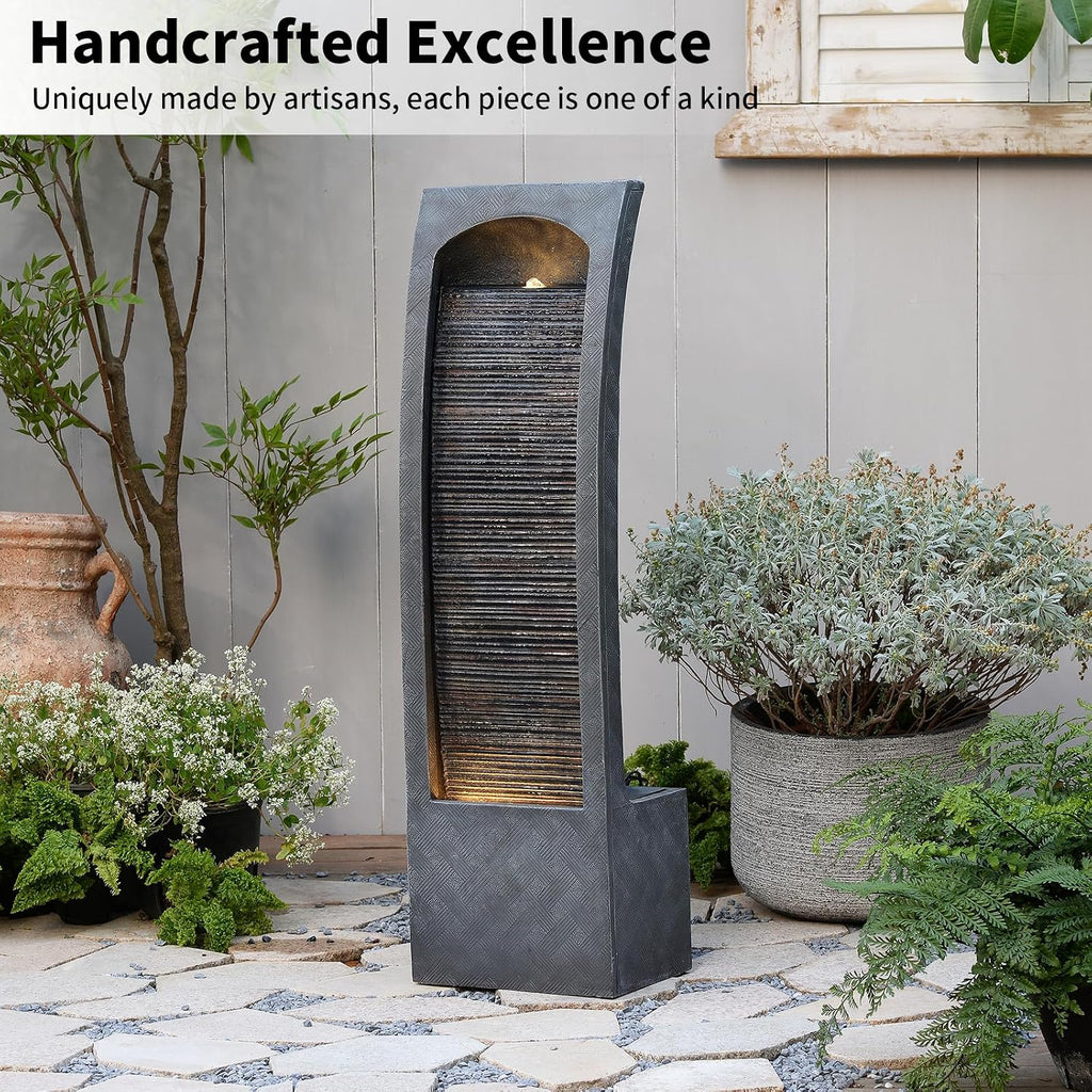 Bumilgar Indoor Water Fountain Curved Faux Slate Outdoor Waterfall Fountains Floor Standing Tiered Rock with LED Lights and Pump for Garden, Backyard, Deck, Patio, Porch and Home Art Decor