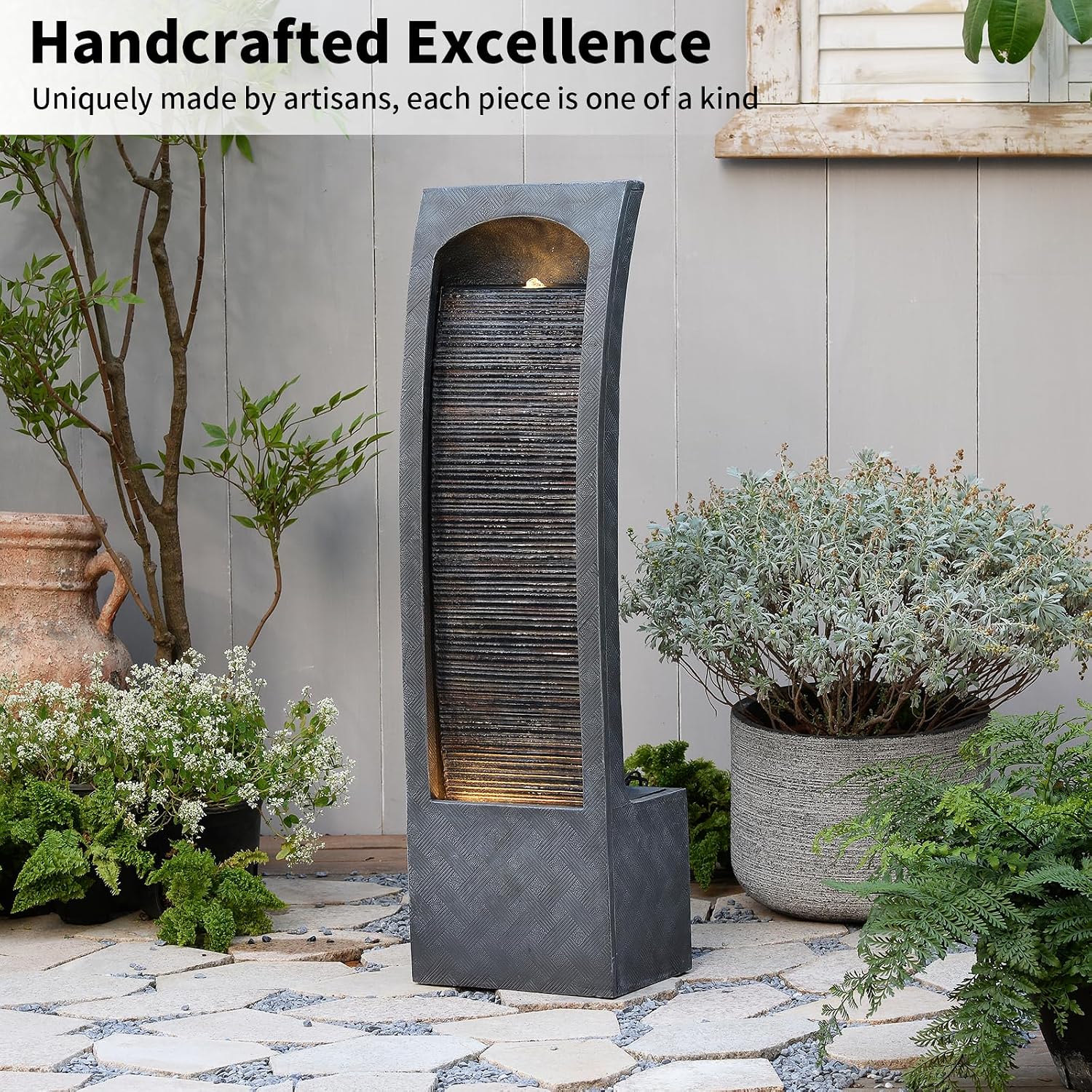 Bumilgar Indoor Water Fountain Curved Faux Slate Outdoor Waterfall Fountains Floor Standing Tiered Rock with LED Lights and Pump for Garden, Backyard, Deck, Patio, Porch and Home Art Decor