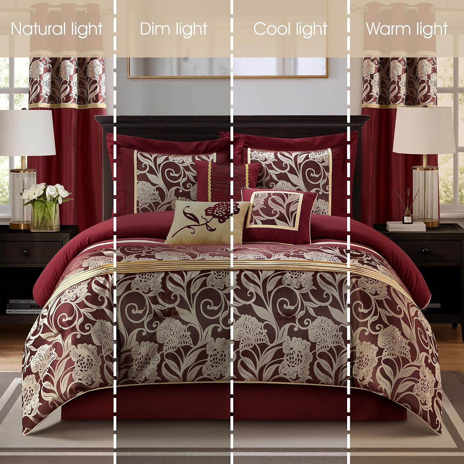 Stratford Park Red and Gold Comforter Set Queen Size, 9 Piece Jacquard Floral Bedding Set, All Season, Ultra-Soft, Matching Pillows & Shams, Bed Skirt, Curtains