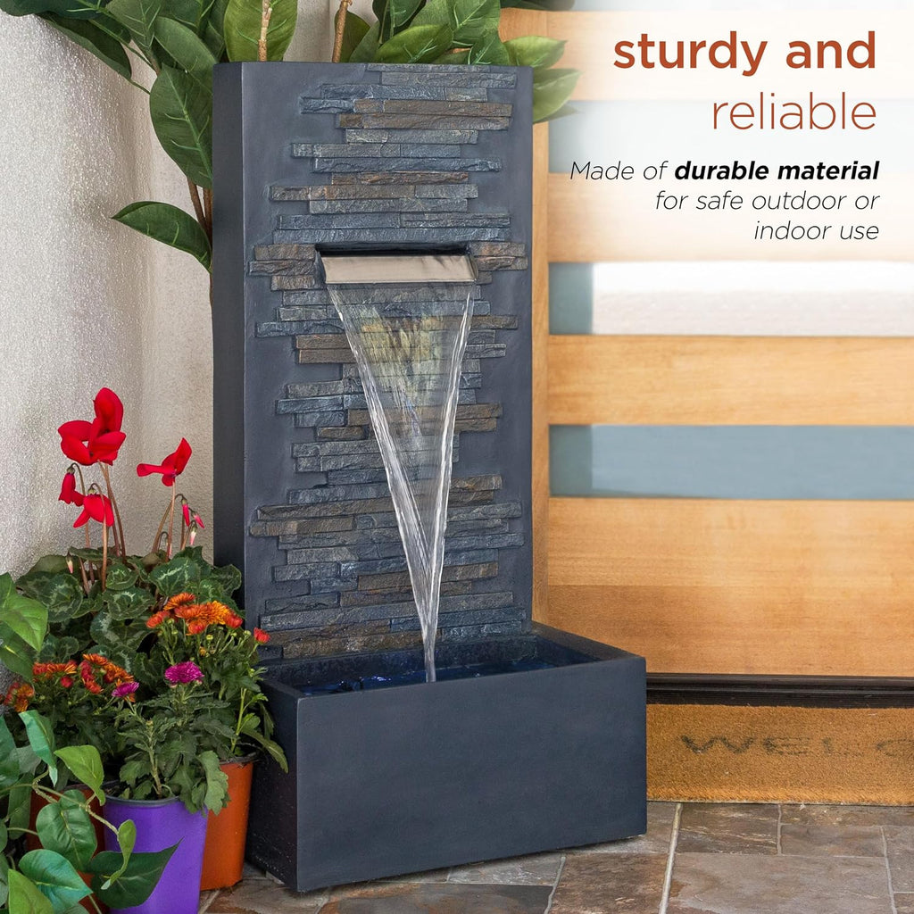 Alpine Corporation 32' Cascading Stone Wall Fountain with LED Lights – Outdoor Water Feature for Garden, Patio, Backyard & Home Decor, Gray