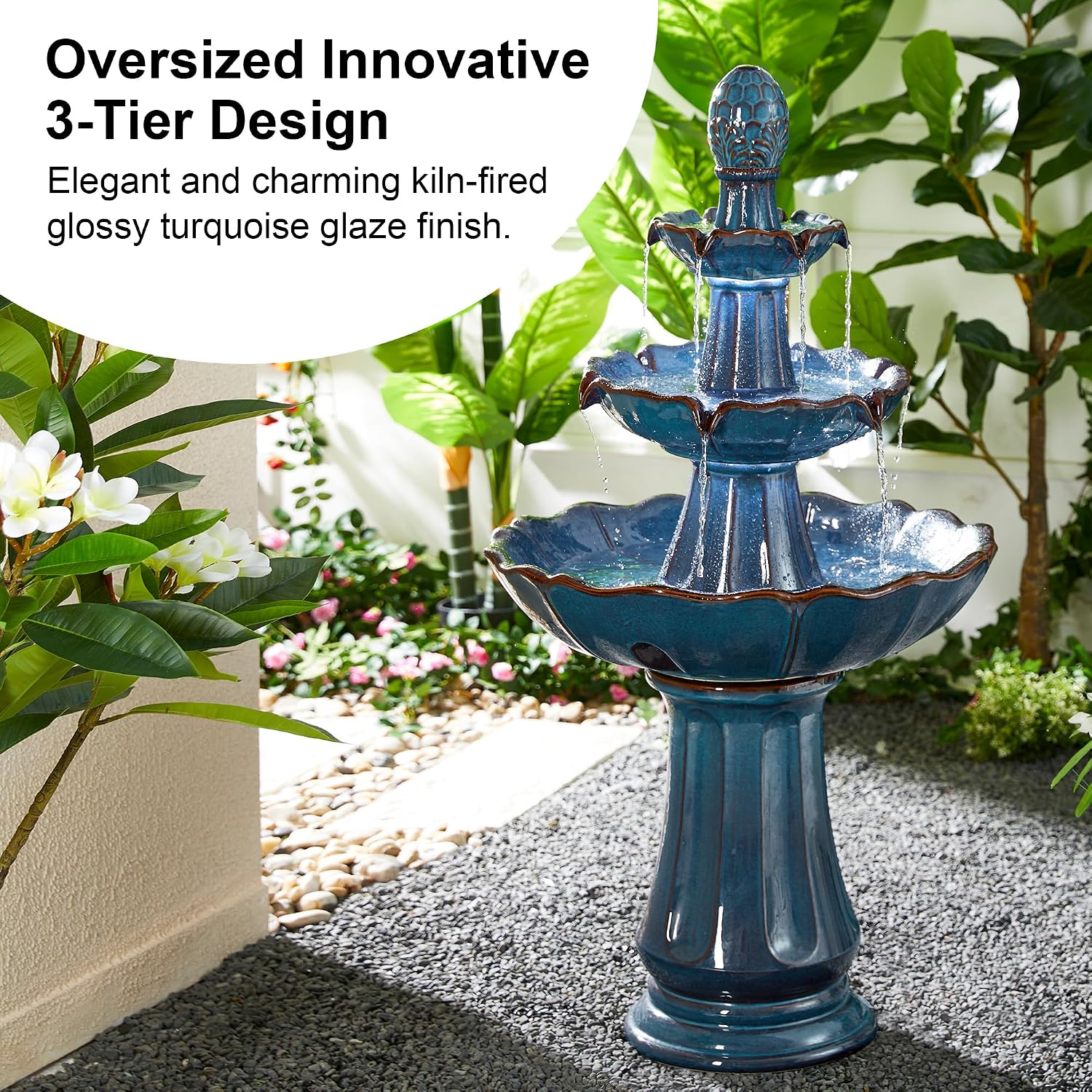 Glitzhome Outdoor 3 Tier Pedestal Fountain with LED Light & Pump - 45.25' H, Ceramic Turquoise Water Fountains Waterfall Large Floor-Standing Garden Fountain for Patio, Lawn, Backyard
