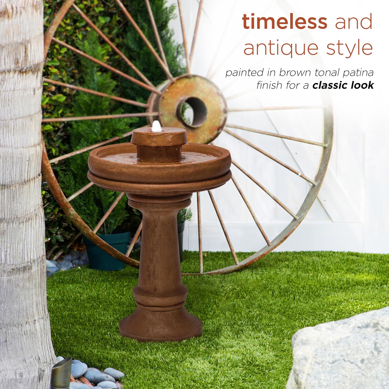Alpine Corporation TZL202 Outdoor Floor Vintage Pedestal Water Fountain with Bird Bath and LED Lights, 29', Brown