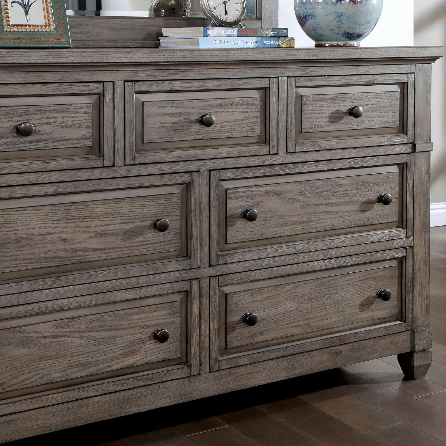 Furniture of America Xephyr Solid Wood 5-Piece Bedroom Set, Queen-Size Bed with Footboard Drawers, Felt-Lined Top & Ball-Bearing Glides, USB Port on Nightstand, Box Spring Required, Warm Gray