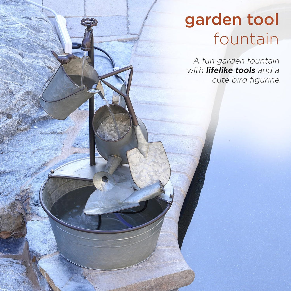Alpine Corporation YHL106 Outdoor Floor 3-Tiered Metal Garden Tools Water Fountain, Tools and Faucet Waterfall, 28', Gray