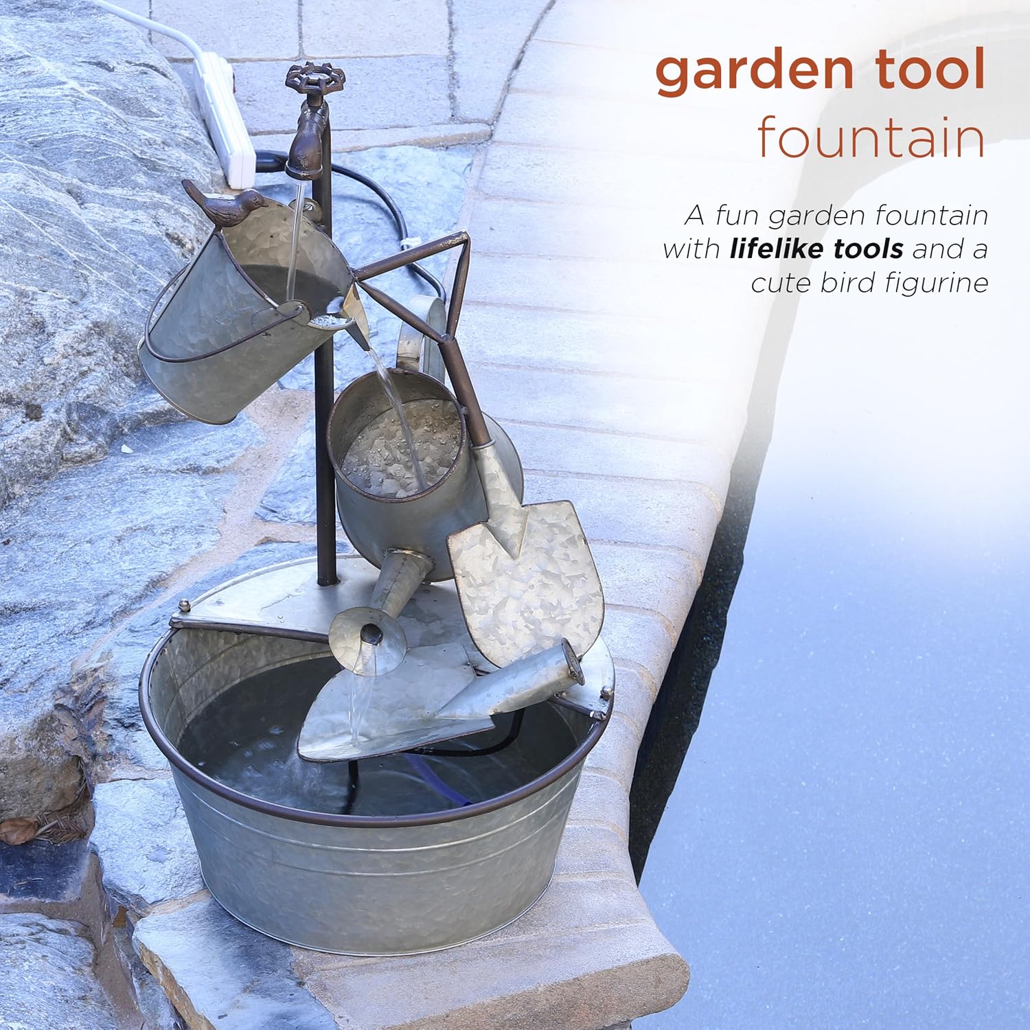 Alpine Corporation YHL106 Outdoor Floor 3-Tiered Metal Garden Tools Water Fountain, Tools and Faucet Waterfall, 28', Gray