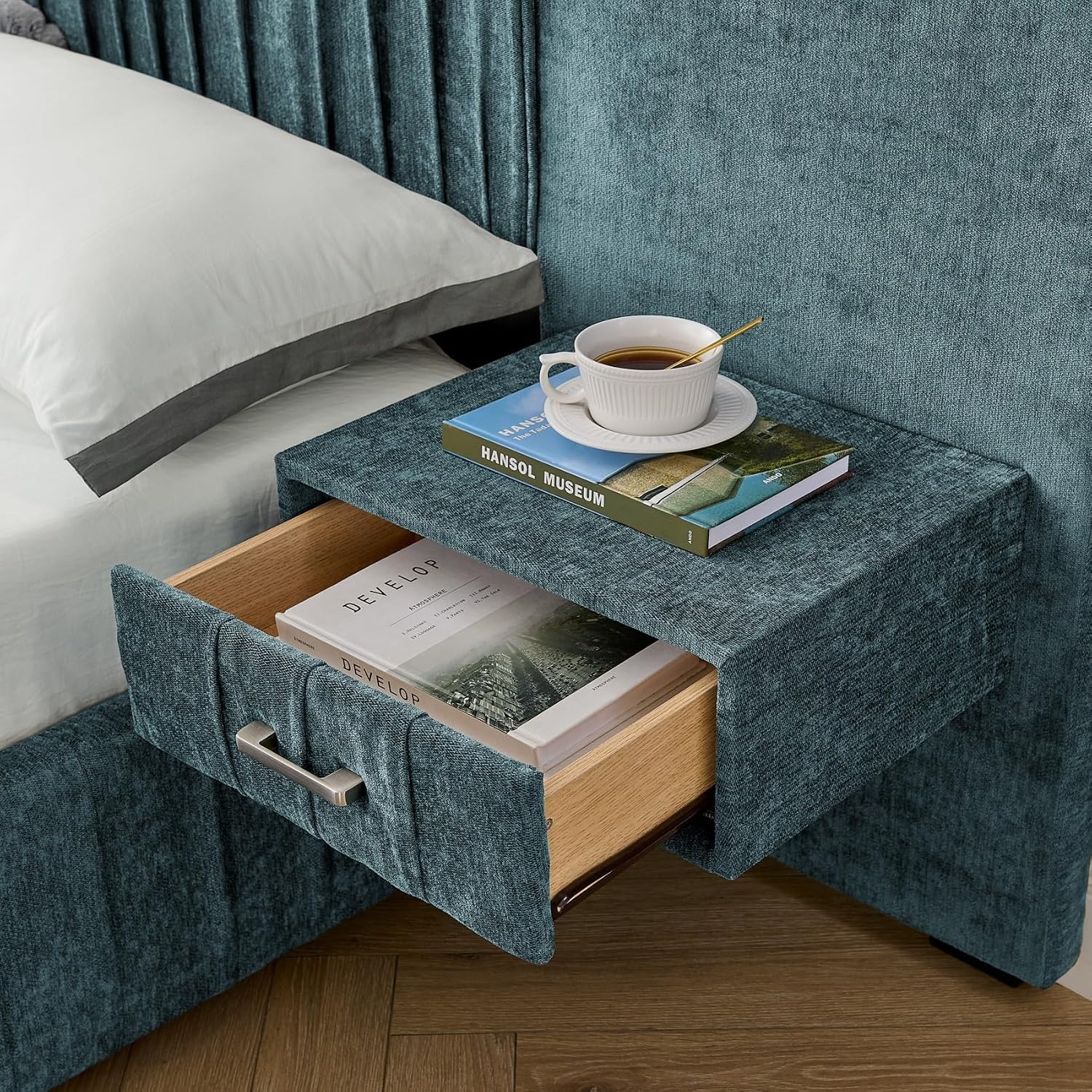 KEIKI Queen Size Chenille Bed Frame with 2 Nightstands, Lamps & Oversize Headboard, Solid Wood Frame Platform Night Stand Bedroom Set, Upholstered Floor Grounded Bed, No Box Spring Needed, Blue Green