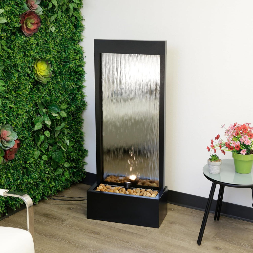 Alpine Corporation - Mirror Waterfall Fountain with Stones & Lights - Zen Indoor/Outdoor Decor for Office, Living Room, Patio, Entryway - 48 Inches (Silver)