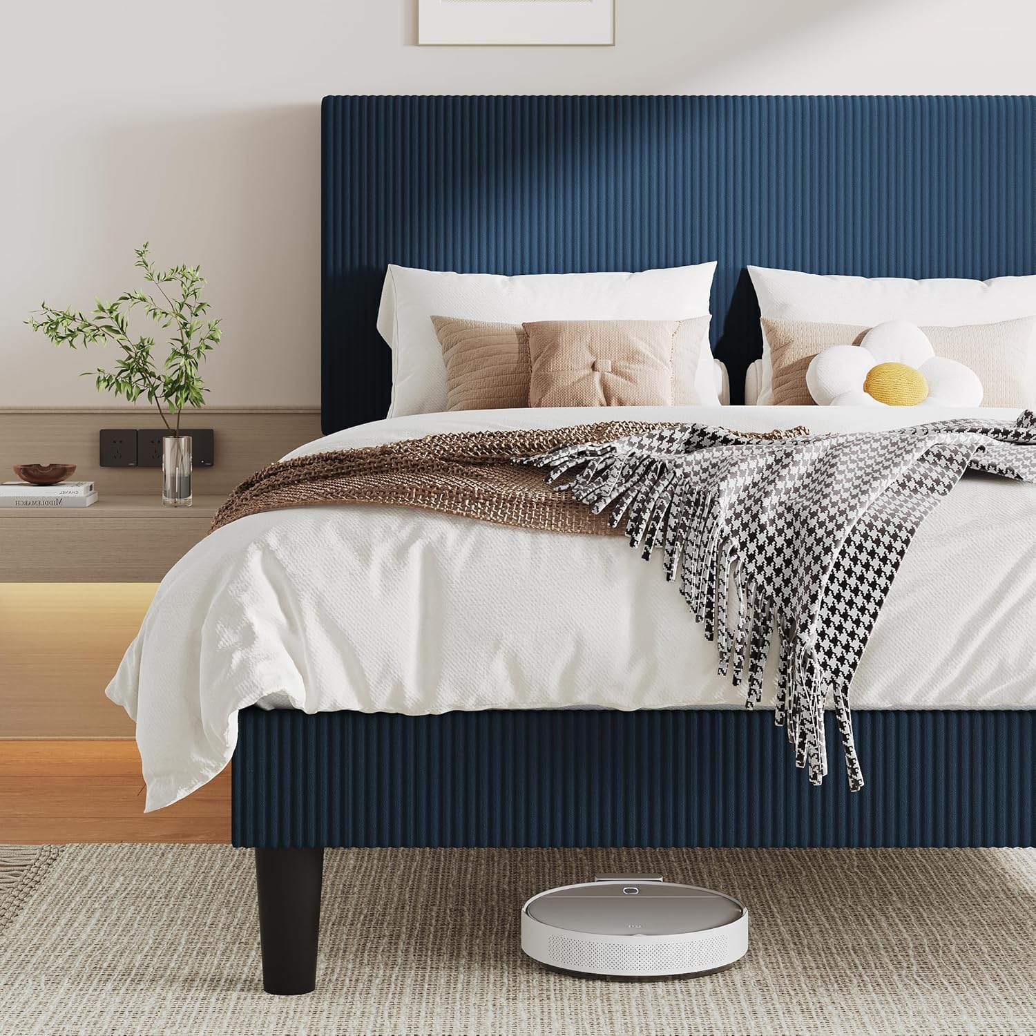 Allewie Queen Size Upholstered Bed Frame with Vertical Channel Tufted Headboard, Soft Corduroy Fabric Platform Bed, Strong Wooden Slats Support, Easy Assembly, No Box Spring Needed, Dark Blue
