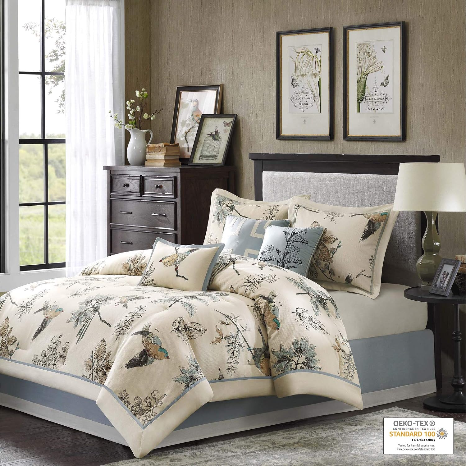 Madison Park Quincy Cozy Comforter Nature Scenery Design - All Season Bedding, Matching Bed Skirt, Decorative Pillows, Quincy, Leaf & Bird Khaki King(104'x92') 7 Piece