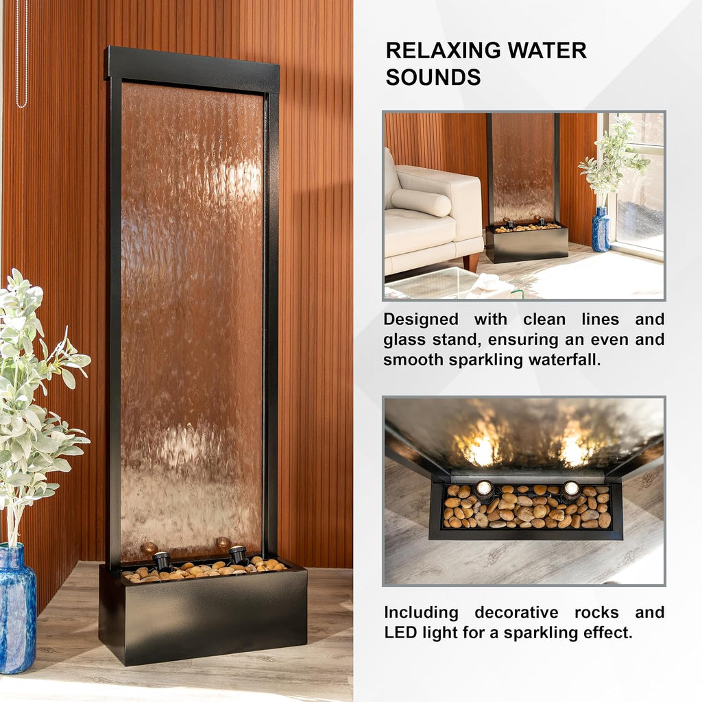 XBrand 68' H Freestanding Modern Waterfall Fountain, Aluminum & Clear Glass, LED Lights, Decorative Rocks, Auto Shut-Off Pump, Indoor/Outdoor, Black