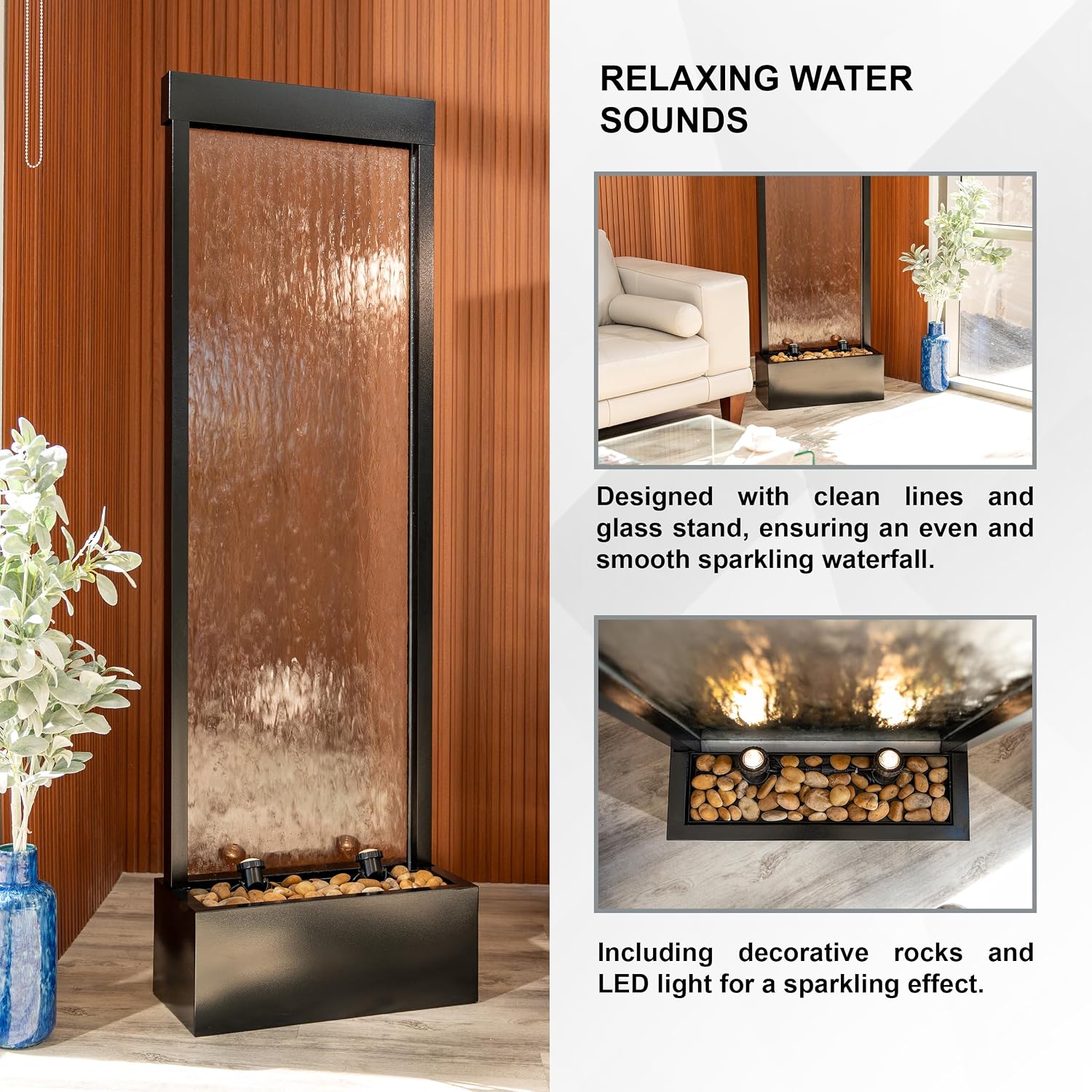 XBrand 68' H Freestanding Modern Waterfall Fountain, Aluminum & Clear Glass, LED Lights, Decorative Rocks, Auto Shut-Off Pump, Indoor/Outdoor, Black