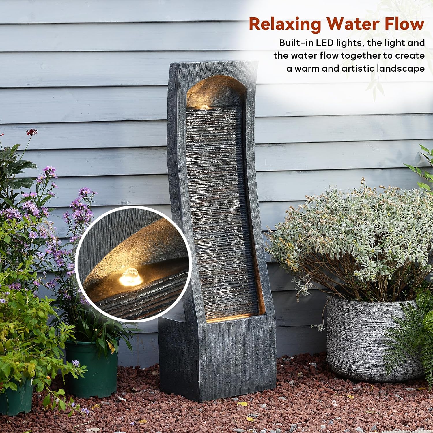 42.3' H Water Feature Outdoor Faux Slate Contemporary Waterfall Fountain Indoor for Garden, Backyard, Deck, Porch and Home Art Decor Large Outdoor Fountain with Lights
