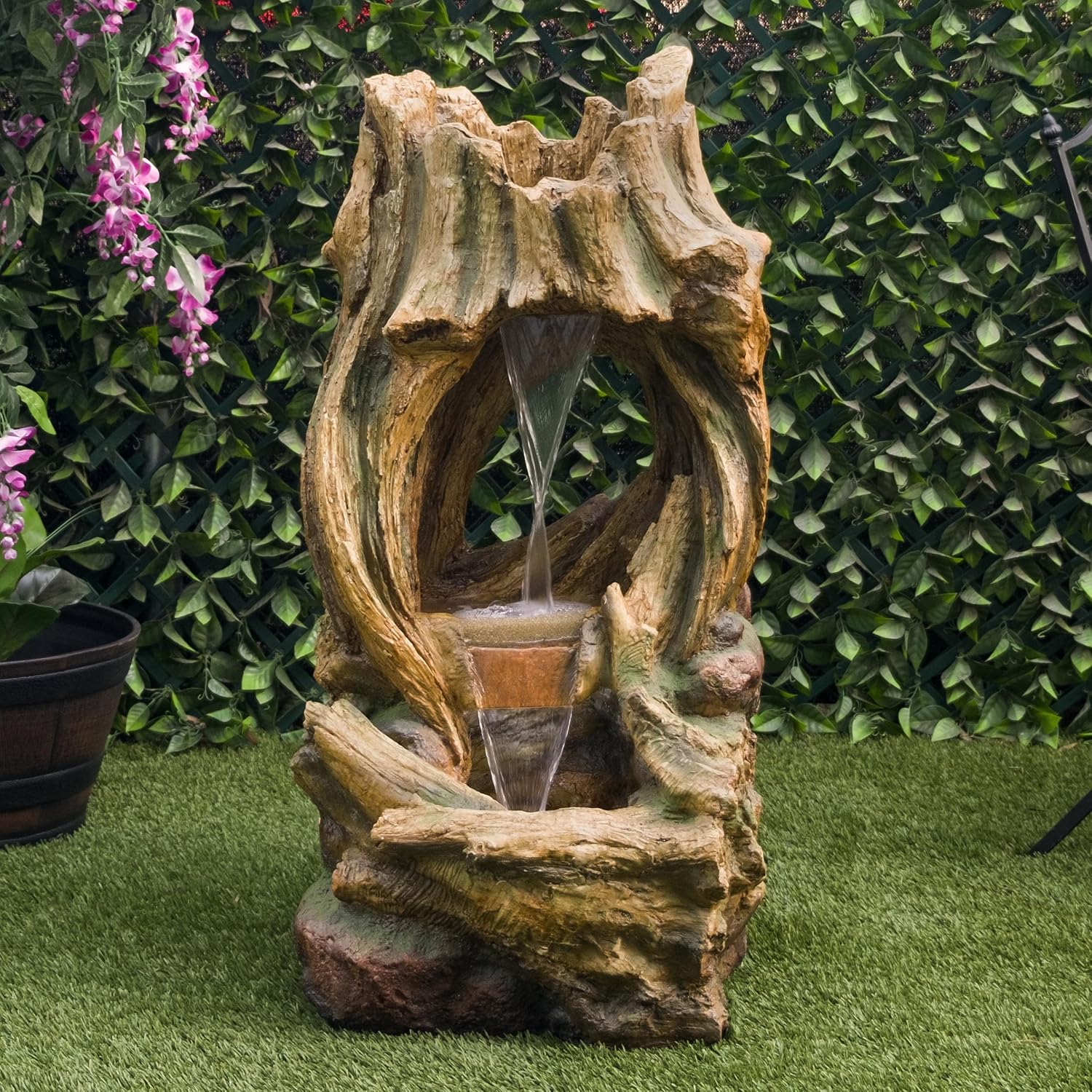 Alpine Corporation 40' Tall Open Tree Trunk Floor Fountain with Cool White LED Lights, Tiered Garden Decor, Brown