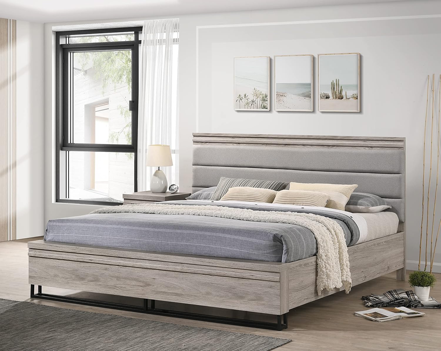 Roundhill Furniture Alvear Upholstered Wood Panel Bed, Dresser, Mirror, Nightstand, and Chest, King, Weathered Gray